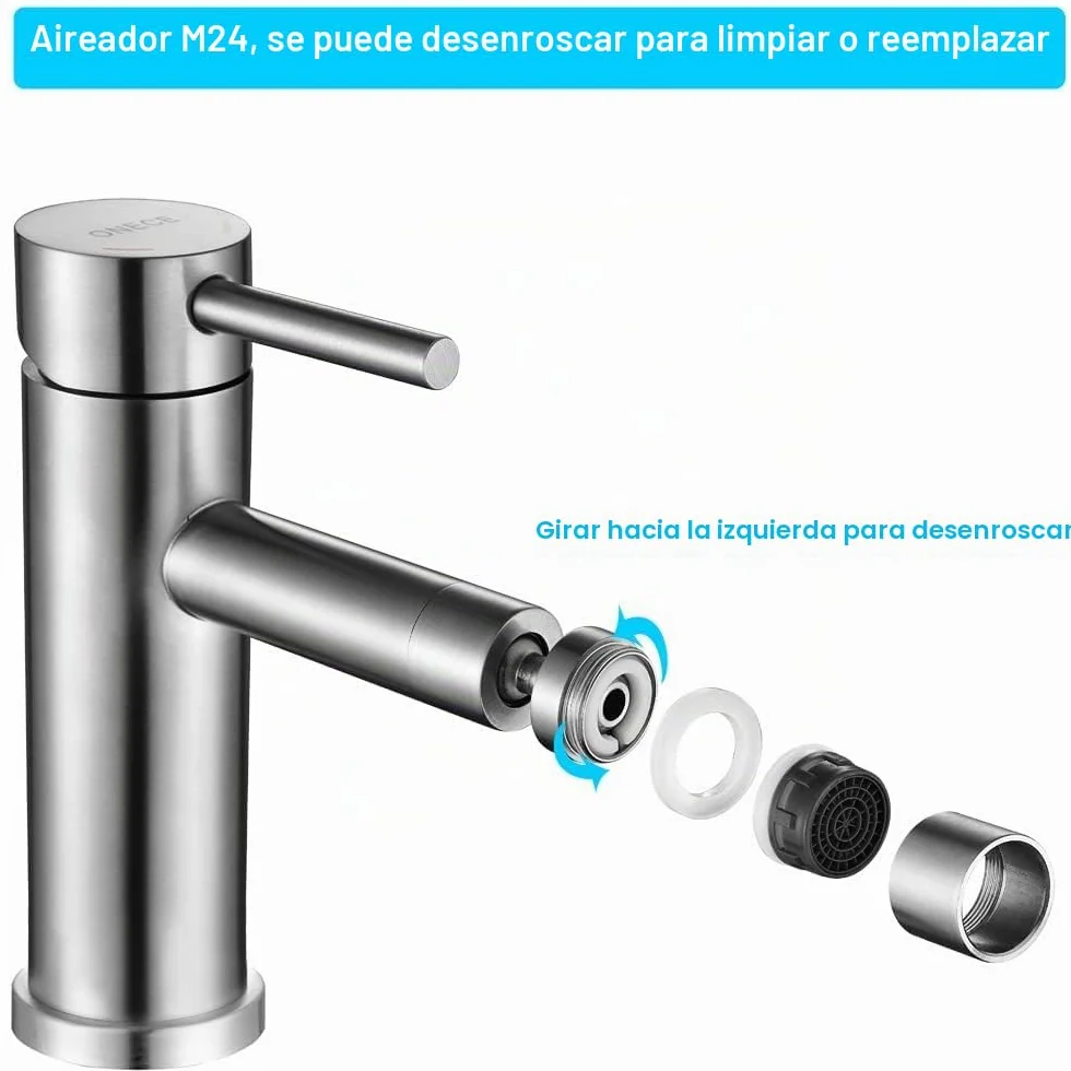 ONECE Grifo para Lavabo y Bidé, Mezclador de Baño con Rociador de Caño Giratorio, Grifería Monomando Cepillado, Aireador Extraíble, Agua Fría y Caliente, Acero Inoxidable 304