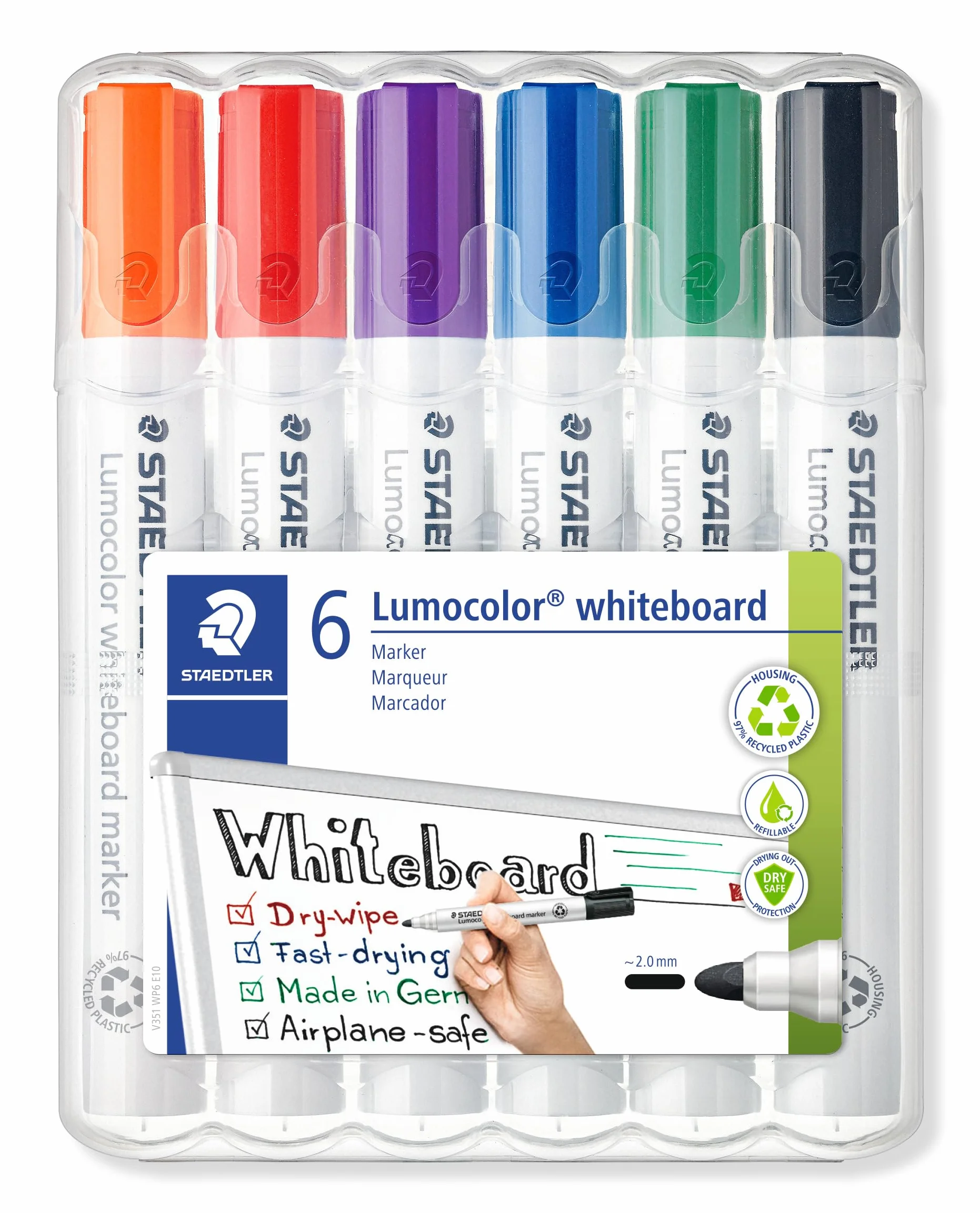 Staedtler Lumocolor 351 WP6 Rotuladores para pizarra blanca, inodoro, secado rápido, recargable, paquete de 6 colores Surtido