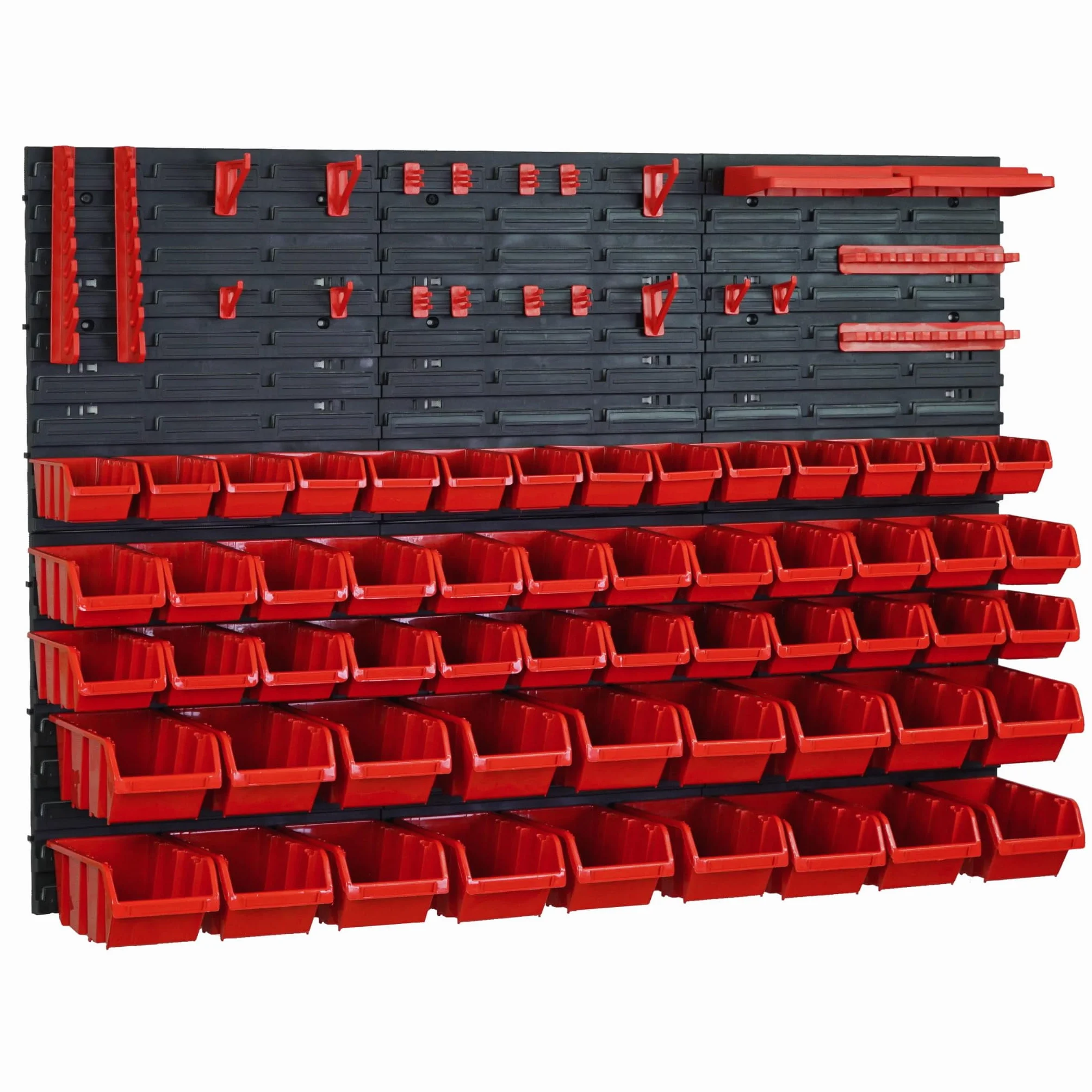 Juego de 84 cajas apilables y 6 estantes de pared de 39 x 38 cm y portaherramientas | Pared perforada para un almacenamiento flexible | Portaherramientas para taller, garaje y hogar | orden fácil