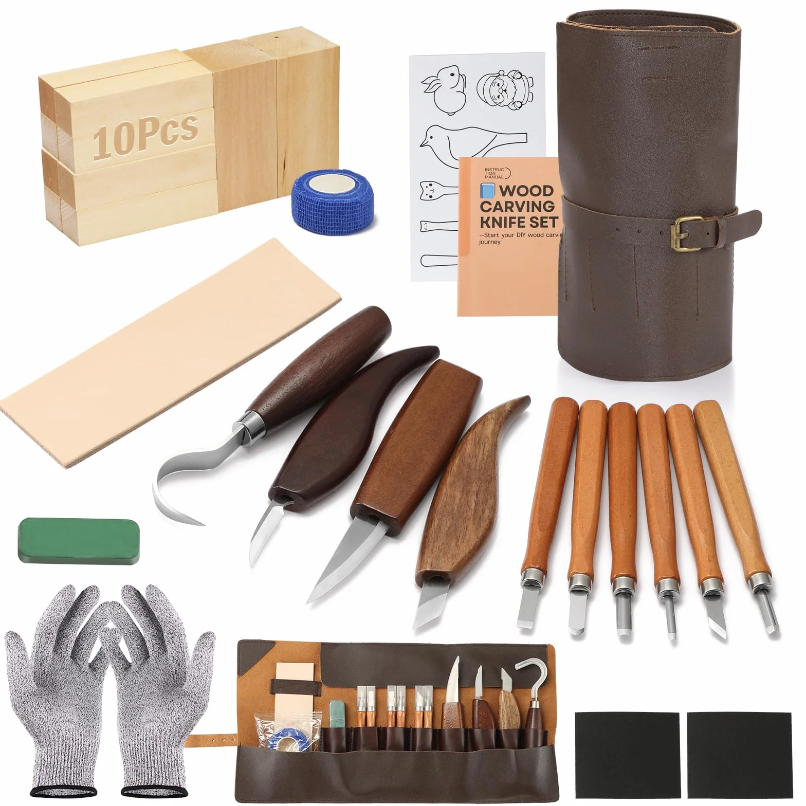 Juego 28 Piezas Talla Madera - 10 Cuchillos + 10 Bloques | 10 cuchillos acero Mo.V (4 desbaste+6 detalle), 10 bloques, guantes, lija, pasta, manual. Mangos nogal antideslizantes.