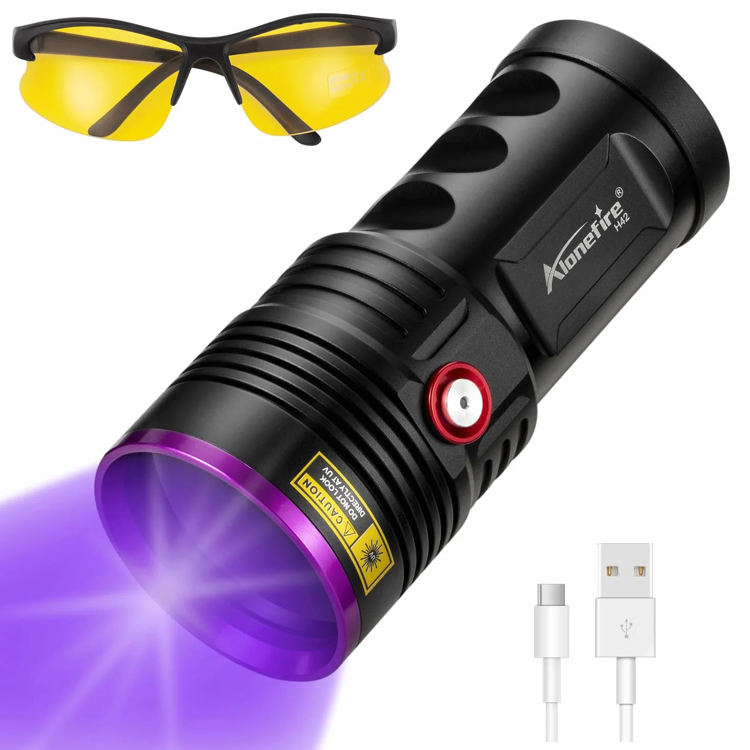 Alonefire H42UV Potente 36W Linterna UV 365nm Profesional Recargable USB Tipo C Ultravioleta Luz Negra Detector de Orina para Resina, Adhesivo, Moho, Pesca con Indicador de Carga, 4 x Batería Incluida