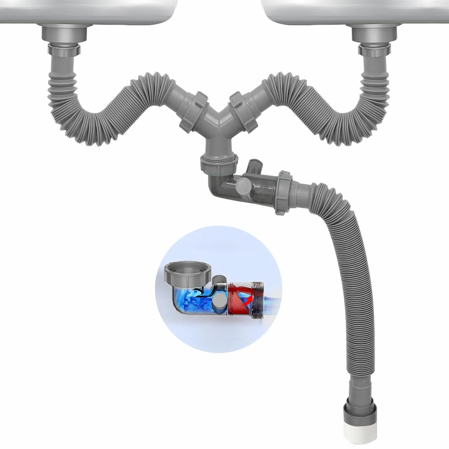 Kit de drenaje de doble fregadero flexible de 1 1/2 pulgadas con válvula de drenaje visual unidireccional, conector de 4 vías para baño, cocina, fregadero, lavavajillas, triturador de basura