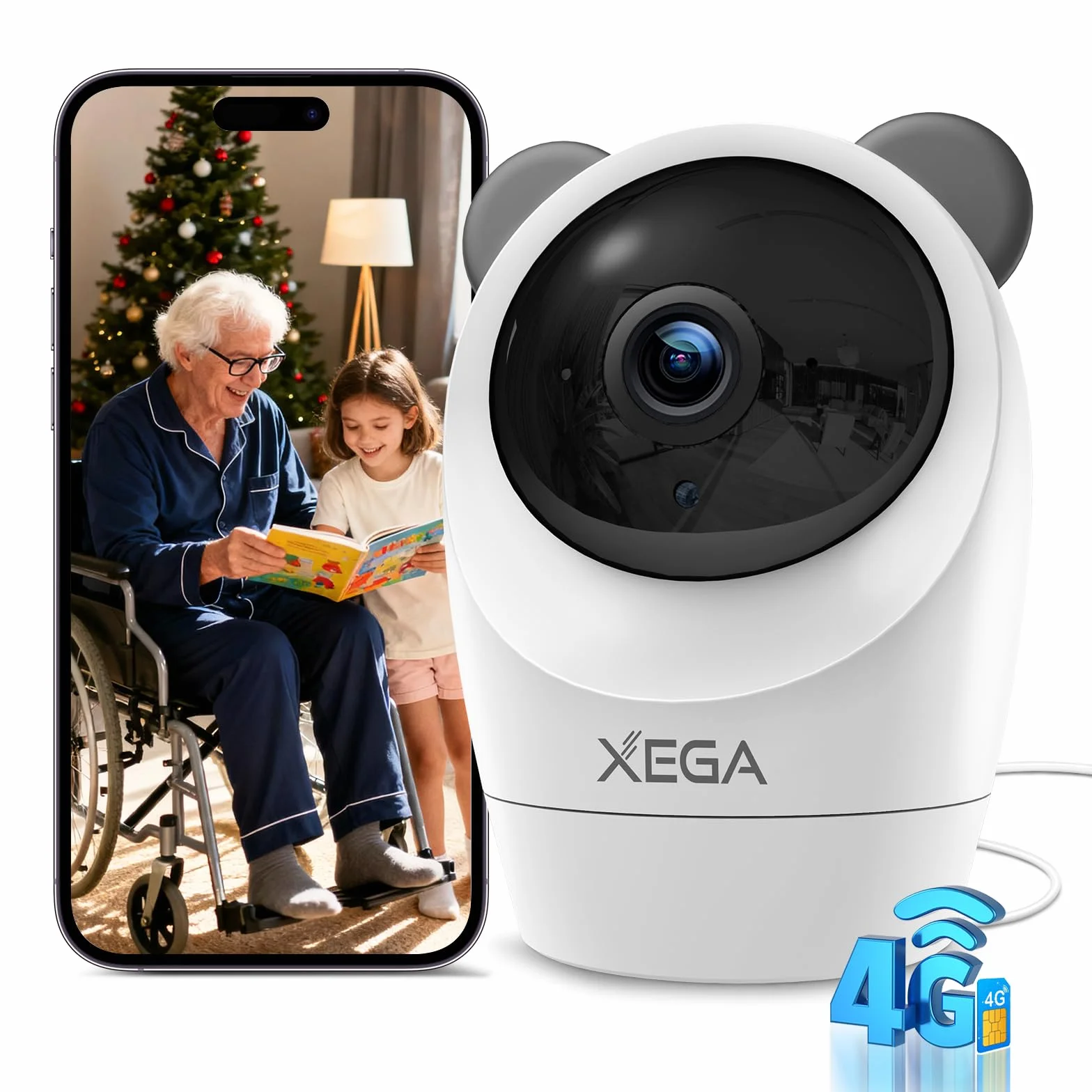 Xega 4G Cámara Vigilancia Interior con Tarjeta SIM,24/7 Grabación Continua Camara sin Wi-Fi,355°P 60° T, 2K Visión Nocturna,Detección PIR,Audio Bidireccional,TF & Cloud,Personas/Mascotas/Ancianos