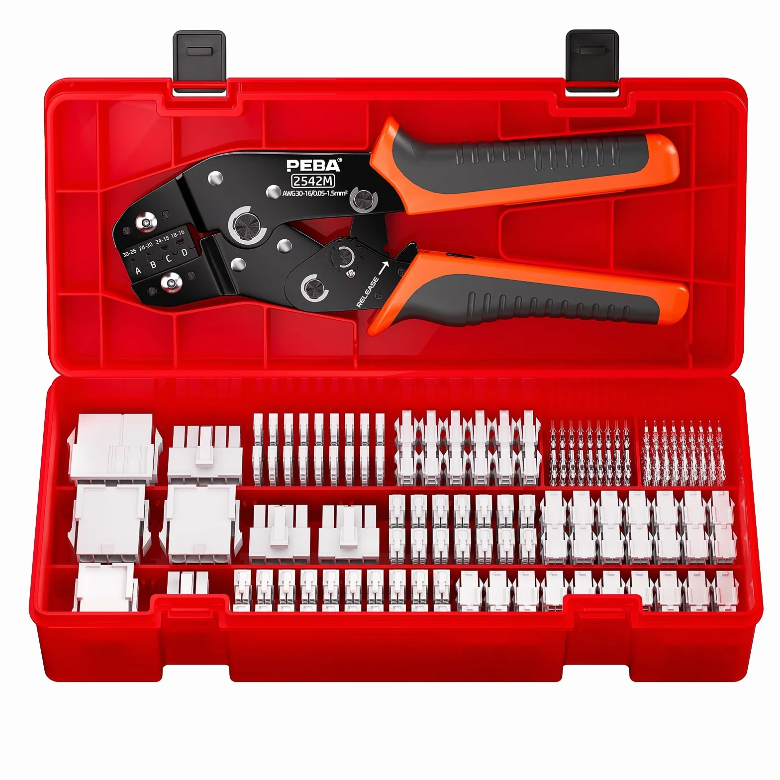 PEBA Kit Crimpado Mini-Fit Jr. 4.2mm Alicate Carraca 2-10 Pines | 12 tipos de conectores compatibles 4,2 mm, crimpado 30-16 AWG para fuentes PC, GPU, ATX y montajes personalizados