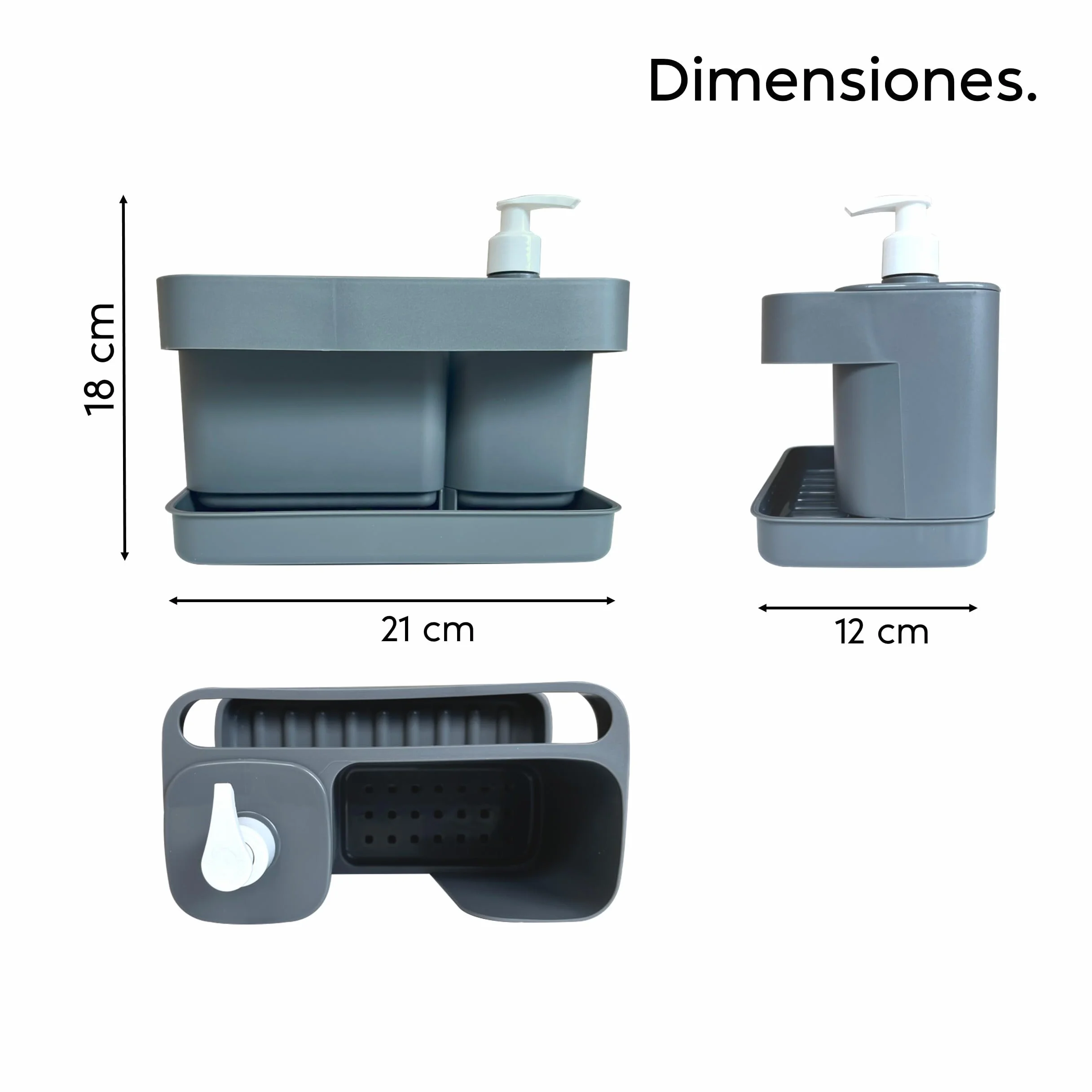 Riordinello Dispensador Jabón Baño Cocina 400 ml Organizador Fregadero Esponjas Bandeja 21x12x18 Gris