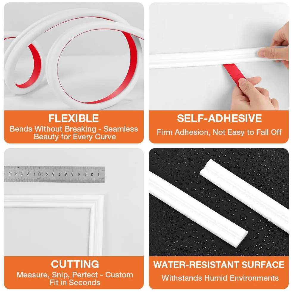 Listones Autoadhesivos para Pared 2.2cm x 3m Molduras Decorativas Flexibles Blanco