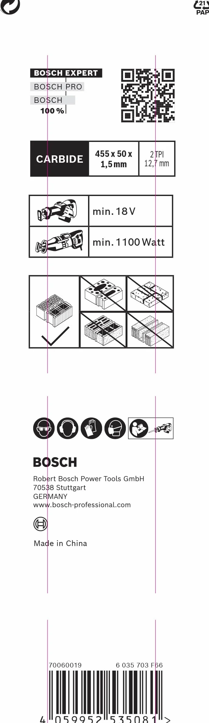 Bosch Professional S 2243 HM Hoja de sierra sable Expert Hollow Brick 455 mm