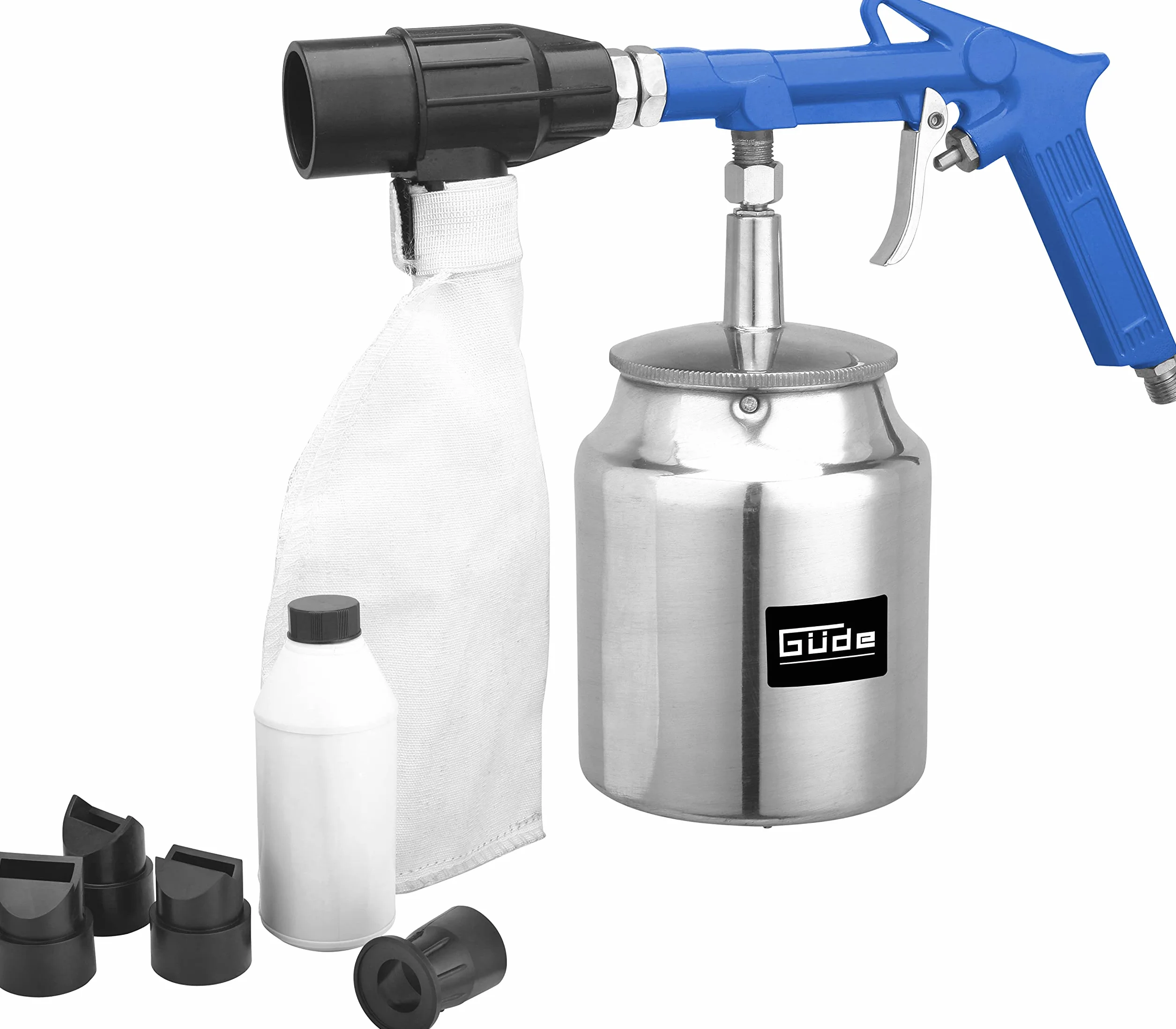 Güde Pistola de chorro de arena DL con recuperación, 750 ml (demanda de aire comprimido 350 l/min, 3 bar, IG 1/4", carcasa y ventosa de aluminio, 5 boquillas de chorro, para grano 0,2 – 0,8 mm
