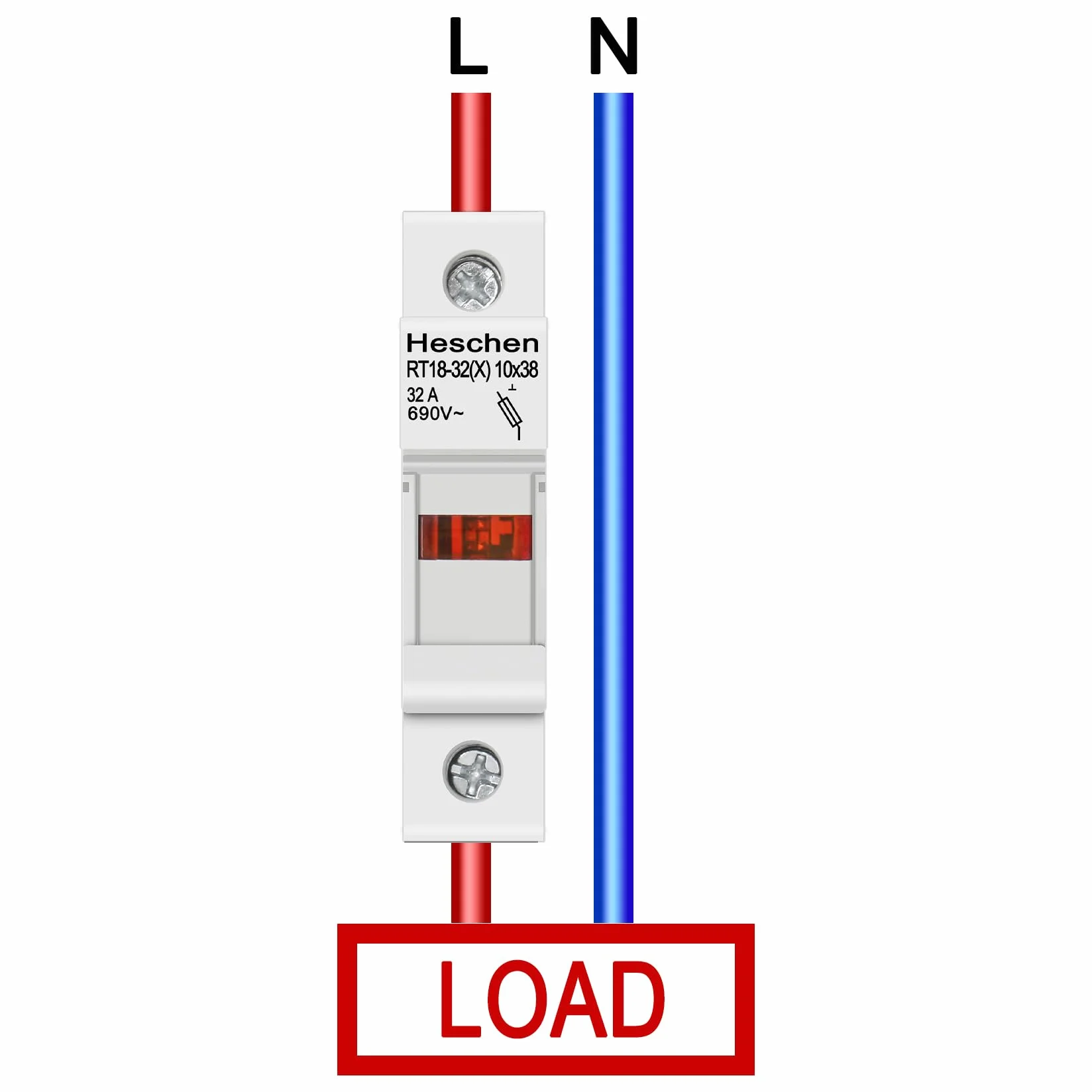 Heschen Base de portafusibles cilíndrico RT18-32(X) 32A AC690V 1P DIN montaje en riel para RT18 RO15 10 x 38 mm fusible con certificación CE
