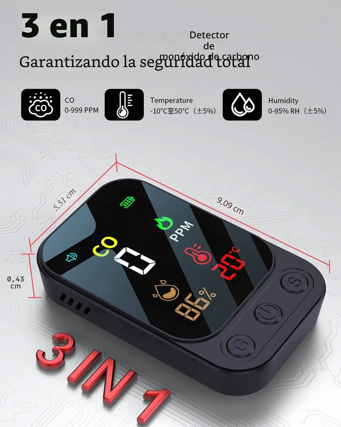 Detector de monóxido de carbono portátil 3 en 1, detector de monóxido de carbono recargable con indicador de temperatura y humedad, portátil para el hogar, caravana, camping, negro (negro)