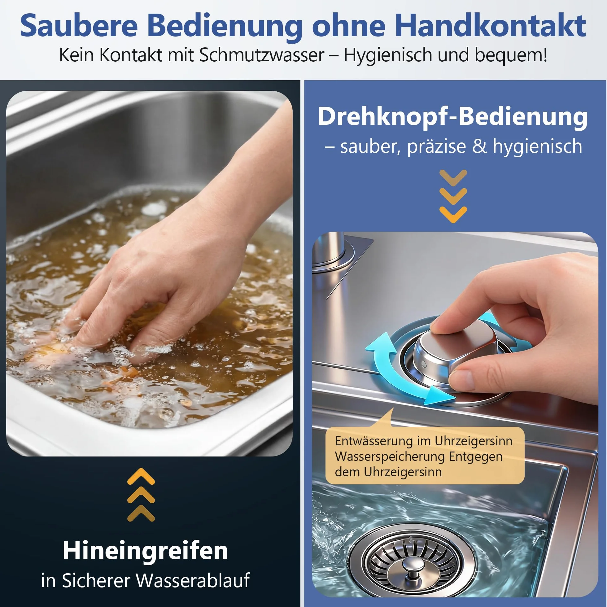 Enhon Keenberk Desagüe de Fregadero con Válvula de Canasta para Fregadero de Cocina 3 1/2" Ø 114mm, Control Excenter con Cable Bowden, Desagüe Universal para Fregaderos de Acero Inoxidable, Granito