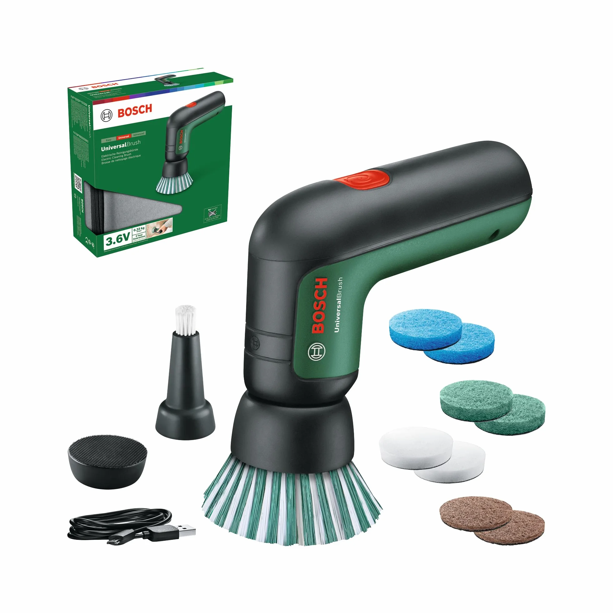 Bosch Cepillo de Limpieza eléctrico UniversalBrush (Incluye batería de 3,6 V integrada, 1 Cable Micro USB y 4 Accesorios de Limpieza, en Caja de cartón)