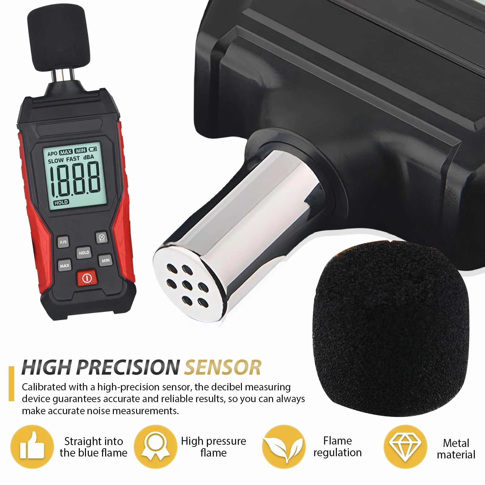 Medidor de decibelios profesional con almacenamiento de datos | Medidor de nivel de sonido digital portátil | Medidor de nivel de sonido 30 – 130 dB (A/C) para casa, obra, oficina | Iluminación LCD