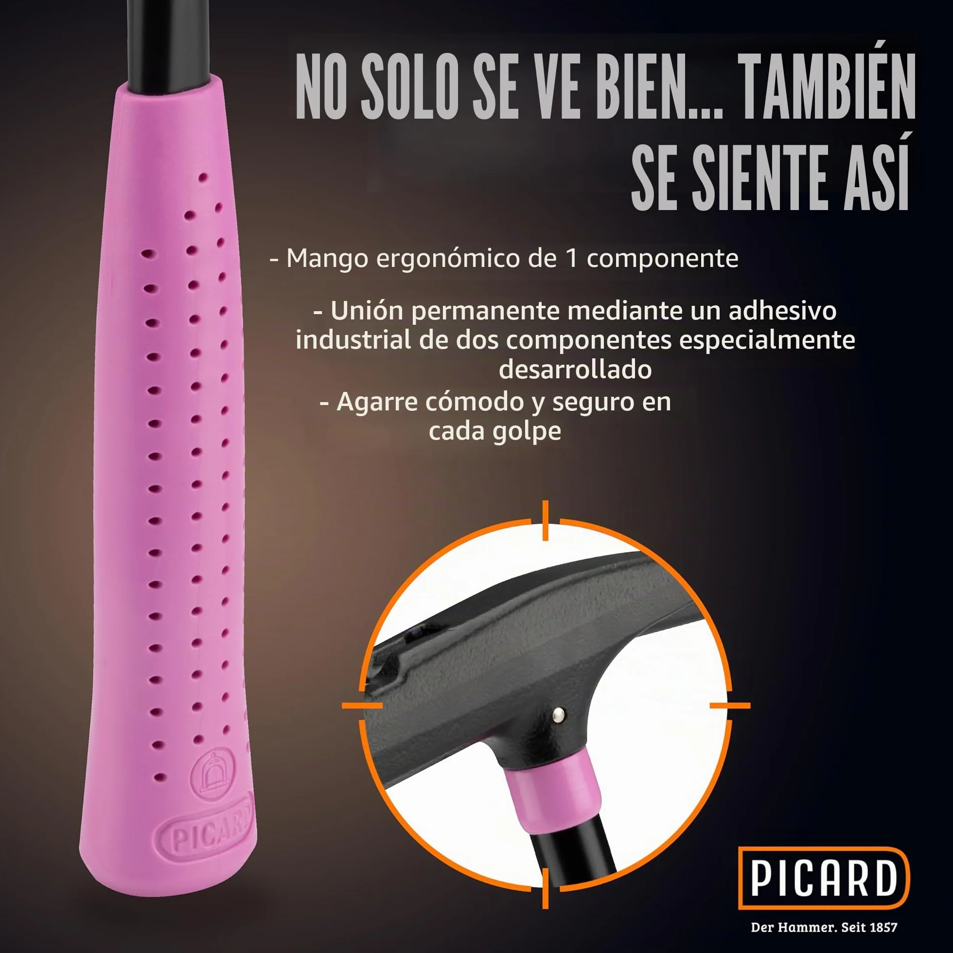 PICARD Martillo de carpintero Pink Edition, n.º 626M 760 g, liso, soporte magnético para clavos, certificado GS y certificado VPA, protección contra la corrosión, mango ergonómico, 32 cm de longitud
