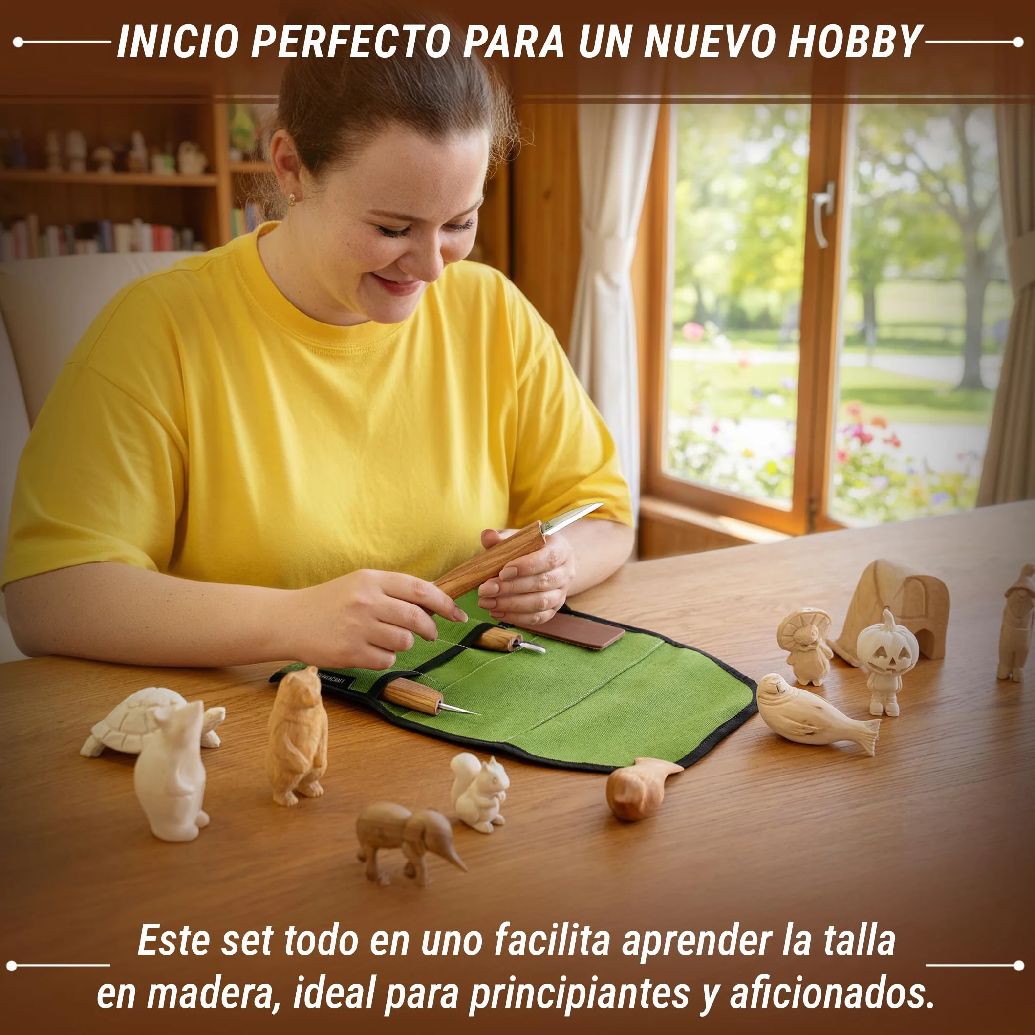 BeaverCraft S15 Kit Cuchillos Tallado Madera – Sloyd Detalle, Correa Cuero, Compuesto Pulido
