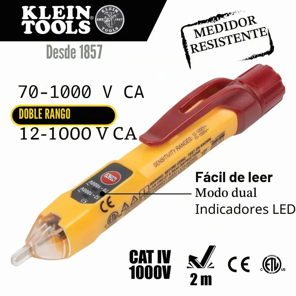 Klein Tools NCVT2P | Dual Range Comprobador De Tension Sin Contacto | 12 A 1000 V AC | Deteccion Sin Contacto | Compacto Y Resistente