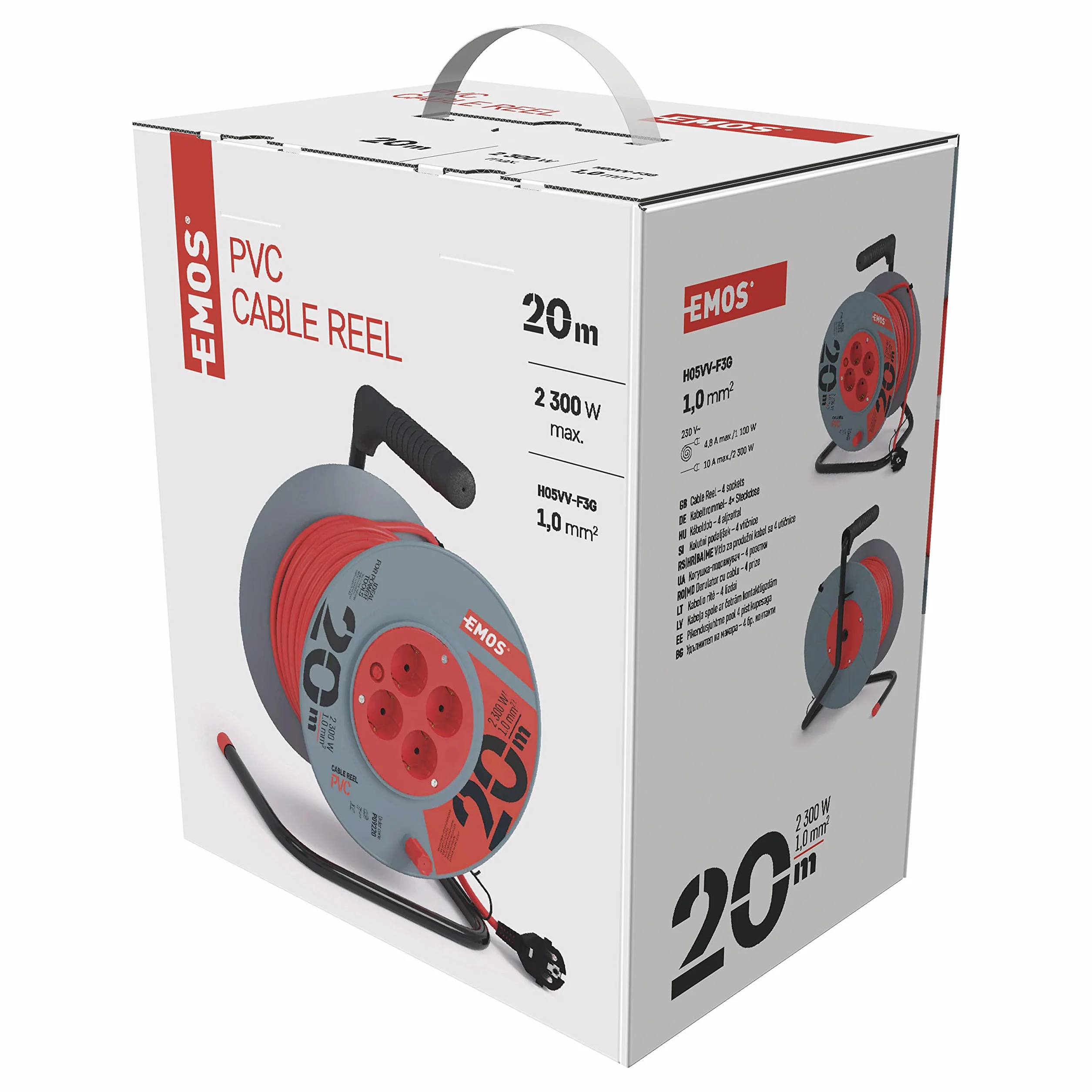 EMOS tambor cable 20 m, 4 Schuko, 230 V 10 A 2300 W, PVC H05VV-F3G 1.0 mm², protección sobrecalentamiento, freno bobina, IP20, interior