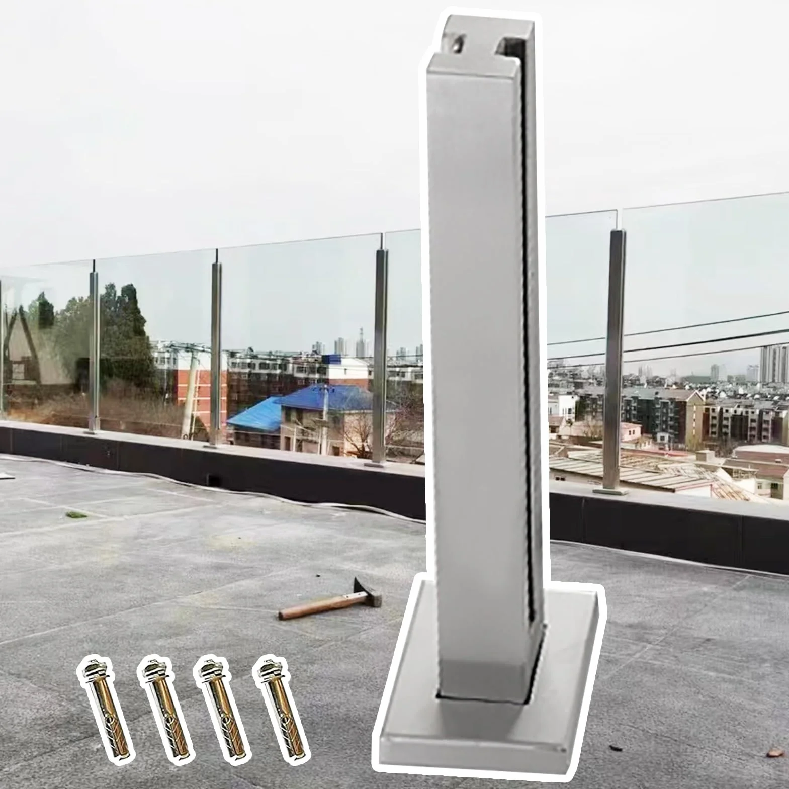 Poste Barandilla Vidrio Sistema de Barandillas de Cristal para Terrazas Paneles de Cristal para Exteriores, Barandilla de Cristal para Balcones de Alta Resistencia, Sistema de Barandilla Metálica Cuad