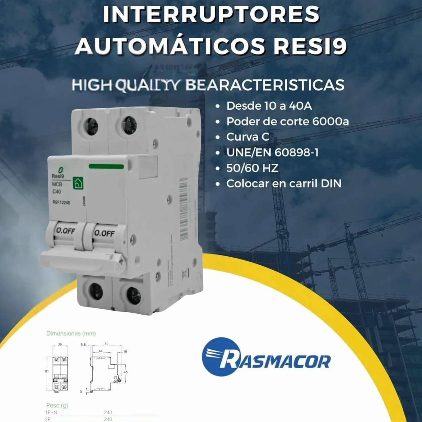 RASMACOR | Interruptor Magnetotérmico Residencial 2P 40A | RESI9 R9F12240 | CURVA C | Frecuencia 50/60HZ | Norma UNE/EN 60898-1 CE | 40 Amperes