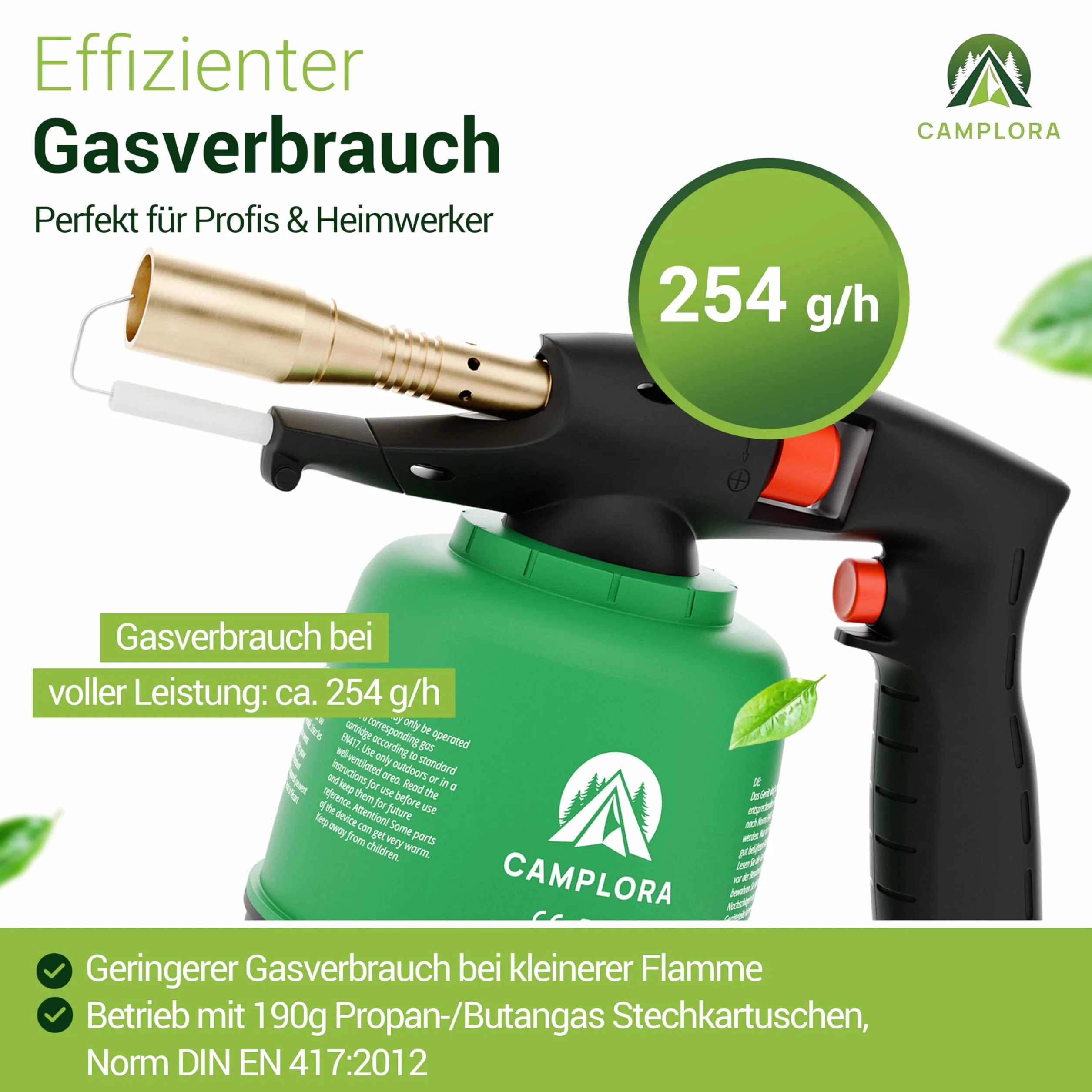 CAMPLORA Soplete Con Encendido Piezoeléctrico y 10 Cartuchos de 190g, Quemador de Gas Para Taller, Soldador Bunsenbrenner