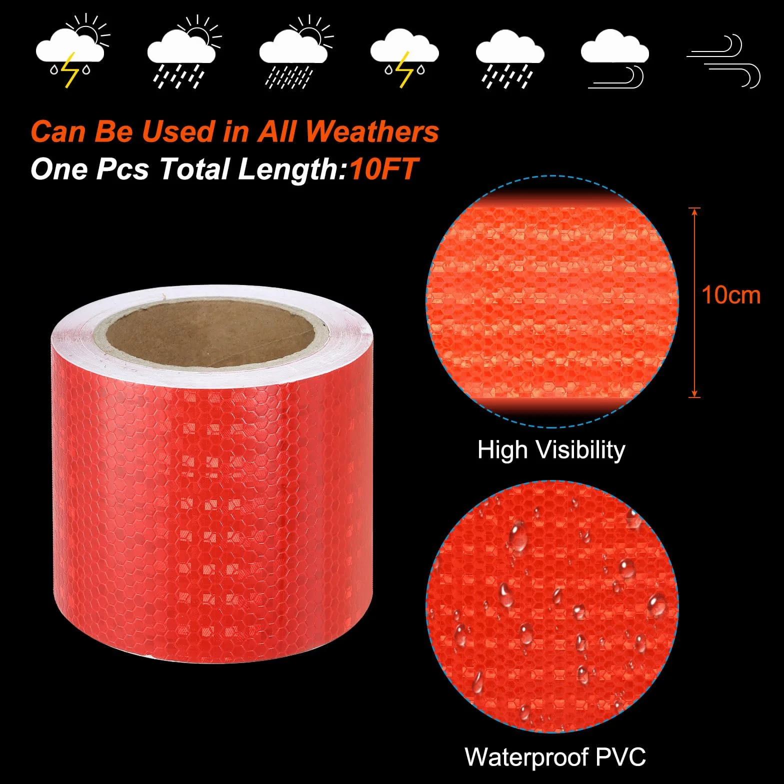 PATIKIL Reflectante Cinta, 4" x 50 Pies Impermeable Adhesivo Alta Visibilidad Advertencia Seguridad Cinta Externa Accesorios Conspicua para Coches Camiones, Roja