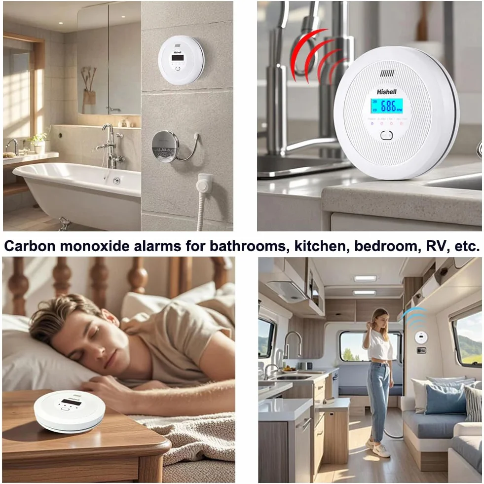 Alarma detectora de monóxido de Carbono, Sensor con Vida útil de 10 años, Monitor Detector de CO con botón de Prueba y Pantalla LCD, Alarma de CO alimentada por batería para el hogar, RV