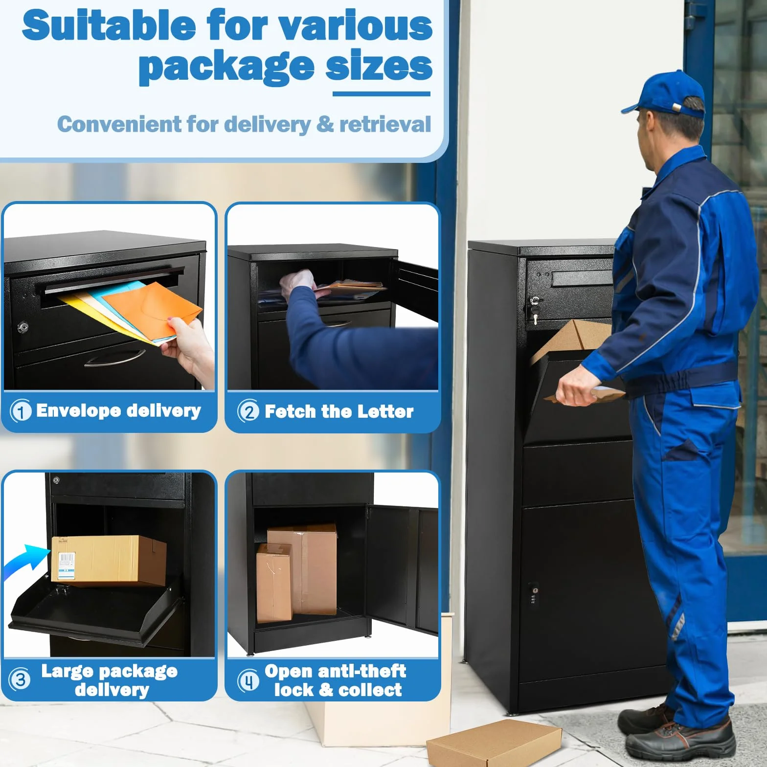 Buzón para exteriores, caja grande para paquetes con cerradura de combinación, buzón de acero inoxidable con función impermeable y antirrobo (50 x 36,5 x 114 cm)