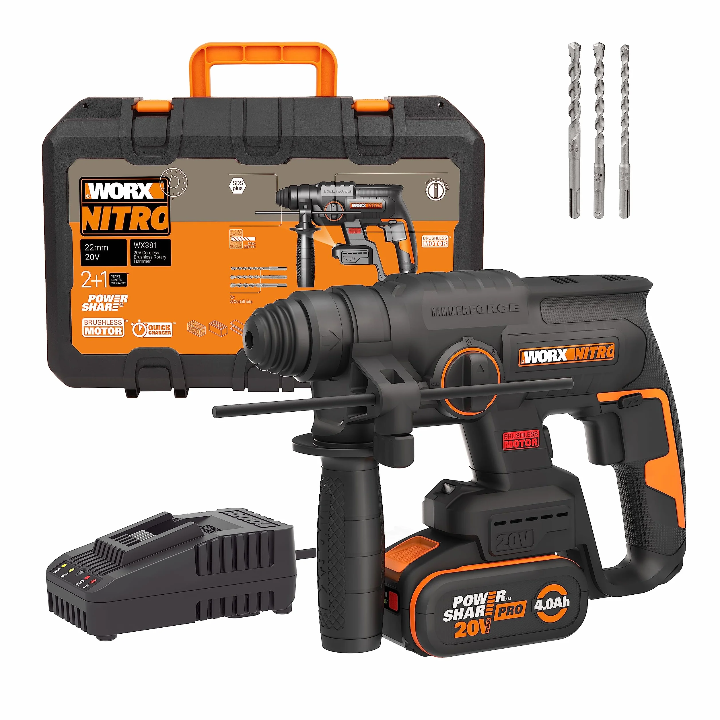 Worx WX381 Martillo Perforador Brushless 20V 2J Batería 4Ah