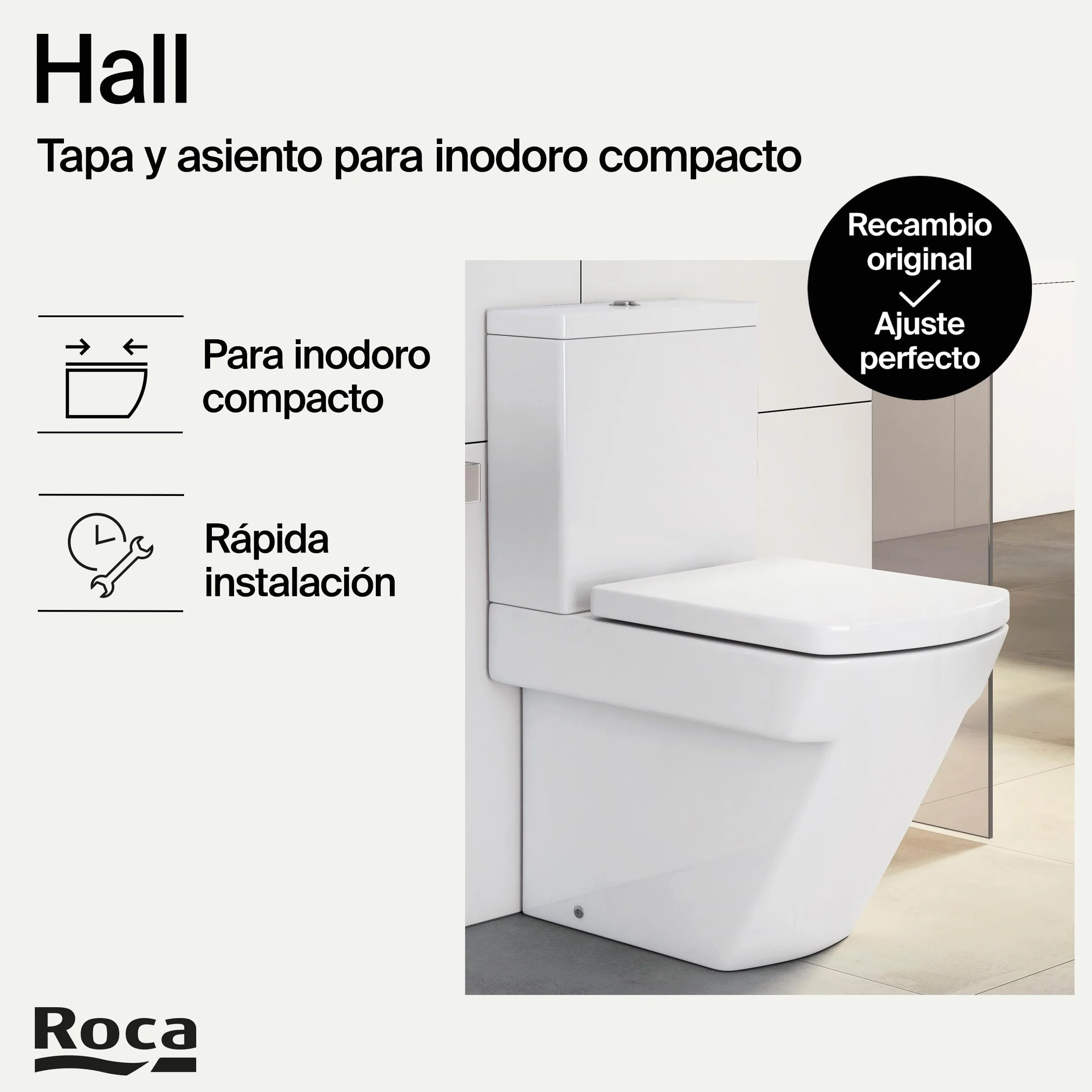 Roca Hall - Tapa y asiento para inodoro compacto con bisagras de acero inoxidable, tapadera de WC original con ajuste perfecto, recambio de tapa de váter resistente, blanco, A801620004