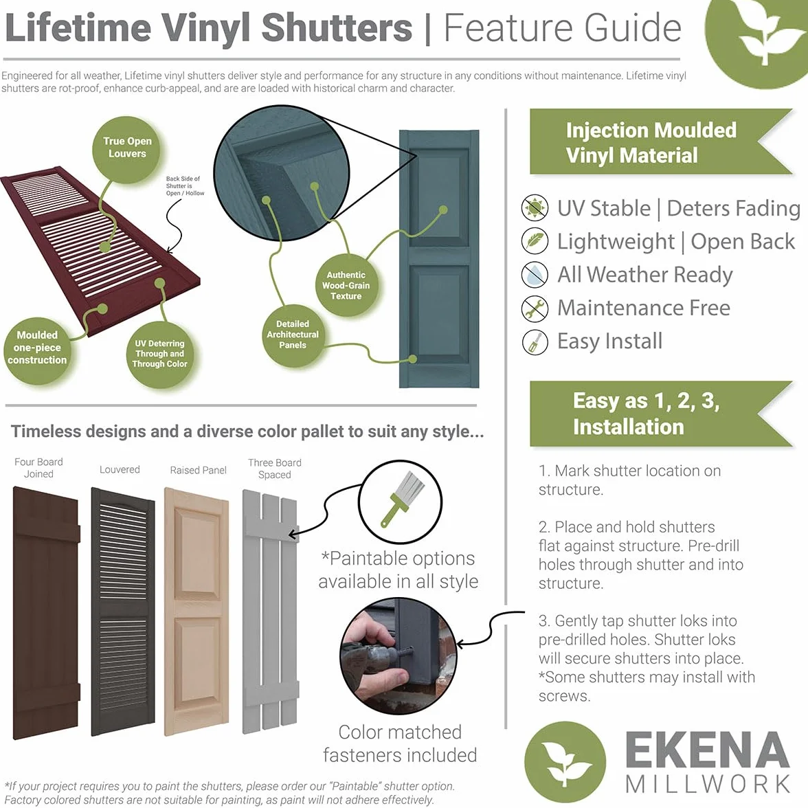 Ekena Millwork Lifetime Vinyl Parteluz central estándar de catedral, persianas de vinilo con listones abiertos, con ganchos de instalación y tornillos a juego (por par), LL1S12X05200MB, 30,5 cm de