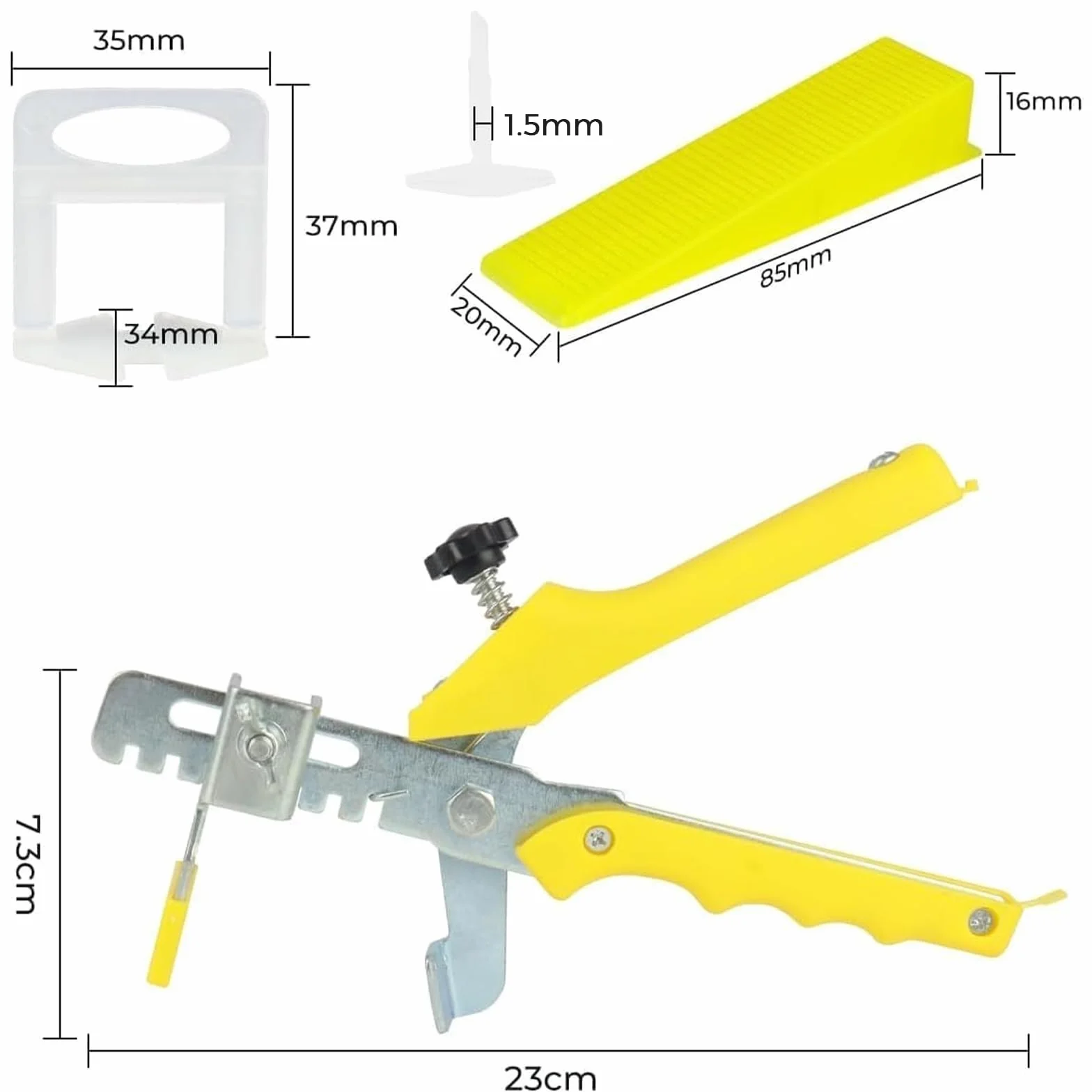 Kit de Sistema de Nivelación de Baldosas, 300 lengüetas de1.5 mm, 100 Cuñas Niveladoras para Suelo, 1 Alicate, lengüetas para azulejos con un grosor de 3 a 12 mm.