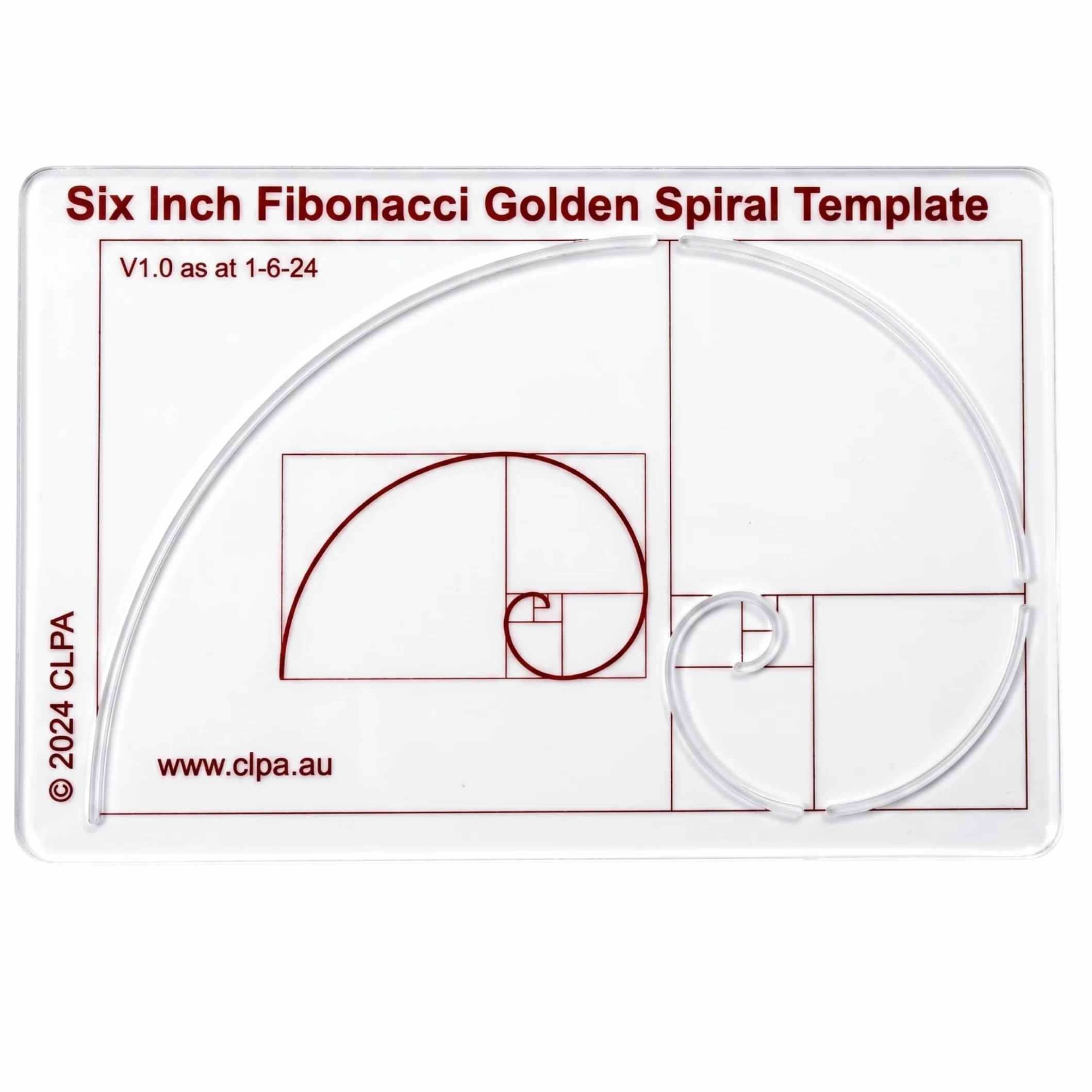 Plantilla de espiral de Fibonacci CLPA de 6" — Herramienta de proporción áurea para dibujo, arte y acolchado | PETG transparente