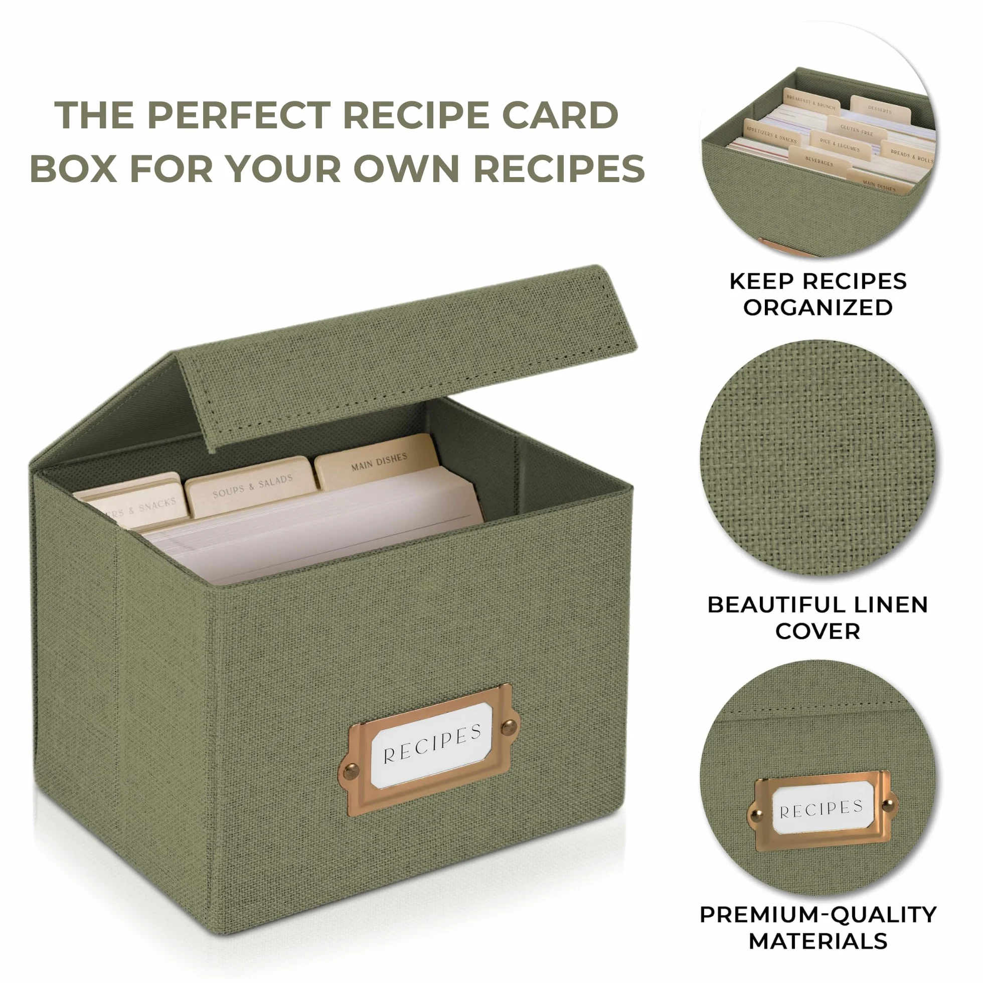 ZICOTO Caja de recetas de lino para tarjetas 4x6 pulgadas, organiza hasta 250 recetas