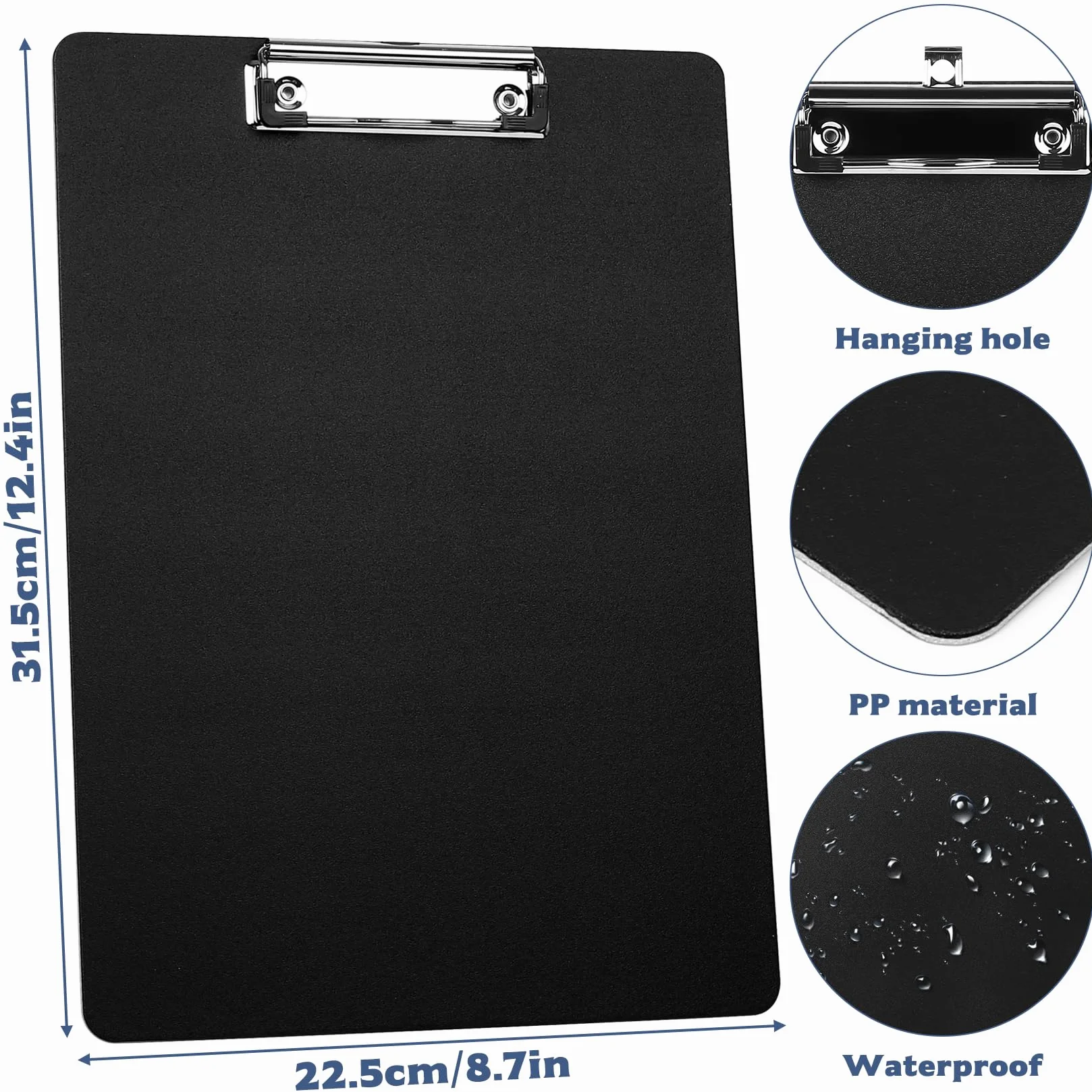 Portapapeles con Pinza A4, Carpeta de Plastico con Gancho, 6 Piezas (negro)