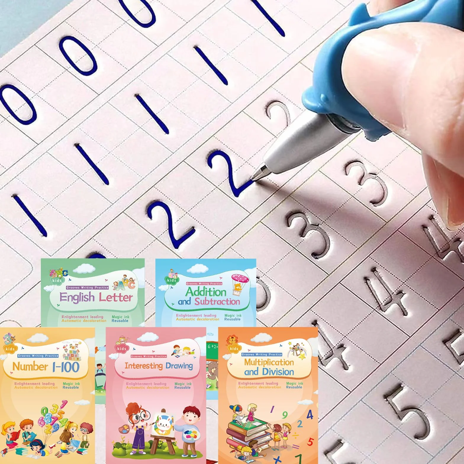 ASIGN Magic Ink Copybooks para niños, libros de trabajo reutilizables de escritura a mano para preescolares, diseño de plantilla y ayuda para escribir a mano (versión ampliada, 4 libros)