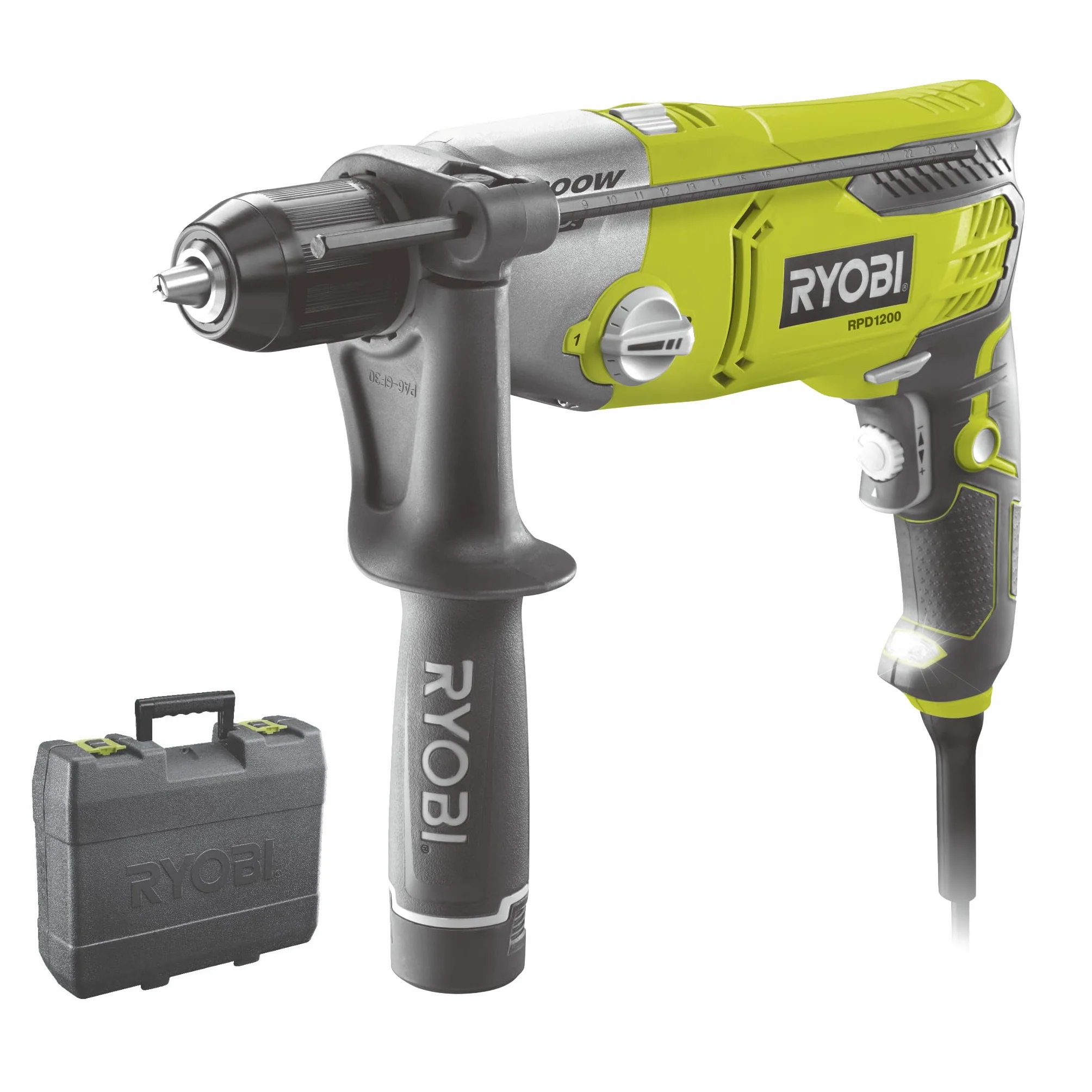 RYOBI - Taladro de Impacto con Cable 220V, 1200W - 2 Velocidades, Inversor de Rotación - Portabrocas 13mm de Autoapriete - Tope de Profundidad - LED - Mango Auxiliar con Portabrocas - RPD1200-K