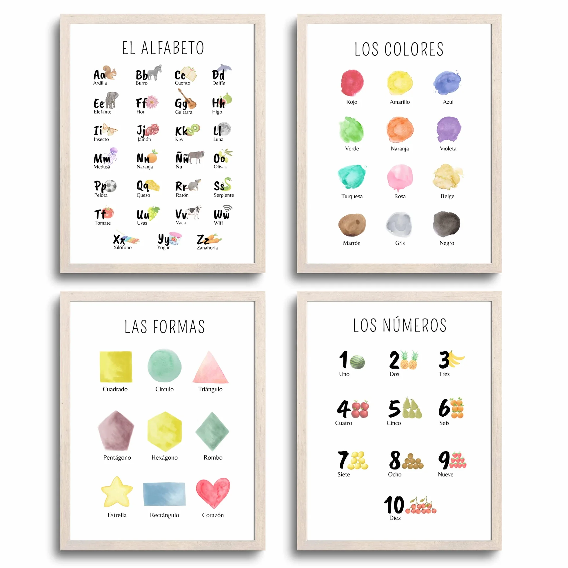 EQUIK PRODUCTS Póster Educativo Infantil Decoración Habitación Niños Aprendizaje Preescolar Láminas Decorativas DIN A4 Alfabeto Números Colores Formas