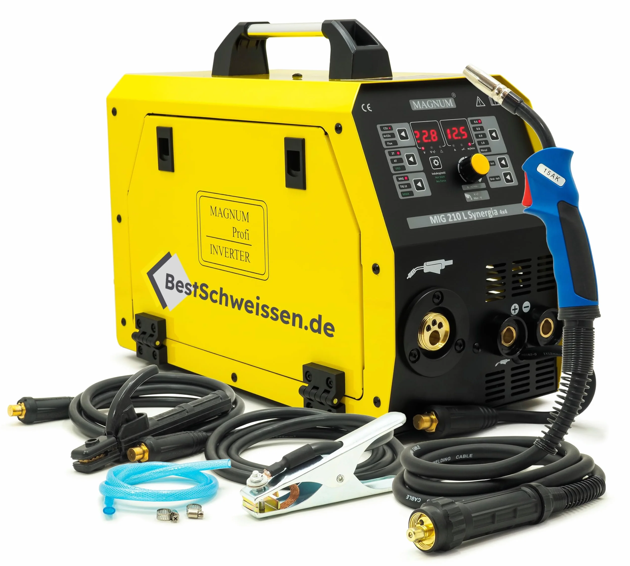 Soldador MIG MAG con Gas sin Gas MAGNUM 210L - Soldador Hilo MIG 200A - Soldadora TIG Antorcha SR-17V 4m - Soldador Inverter TIG MMA - Kit Completo Botella Casco Escuadras Magnéticas (Set 2)
