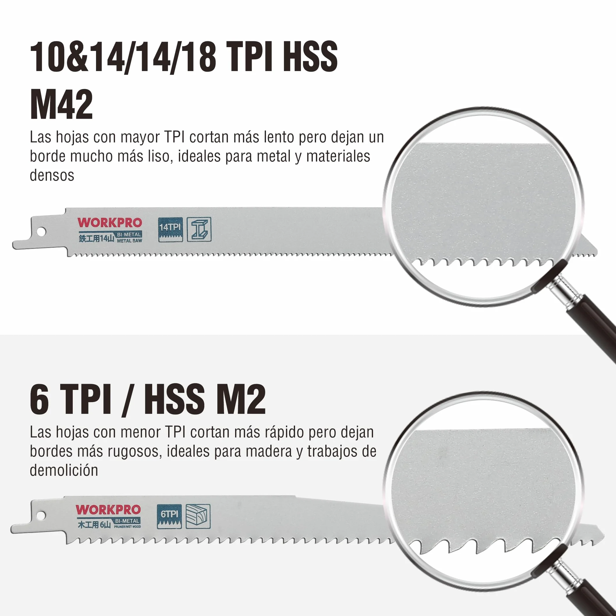 WORKPRO Hojas de Sierra Sable 10 piezas, Cuchillas para Madera y Metal, 150mm 230mm, 6/10/14/18 TPI, con Caja Plástica