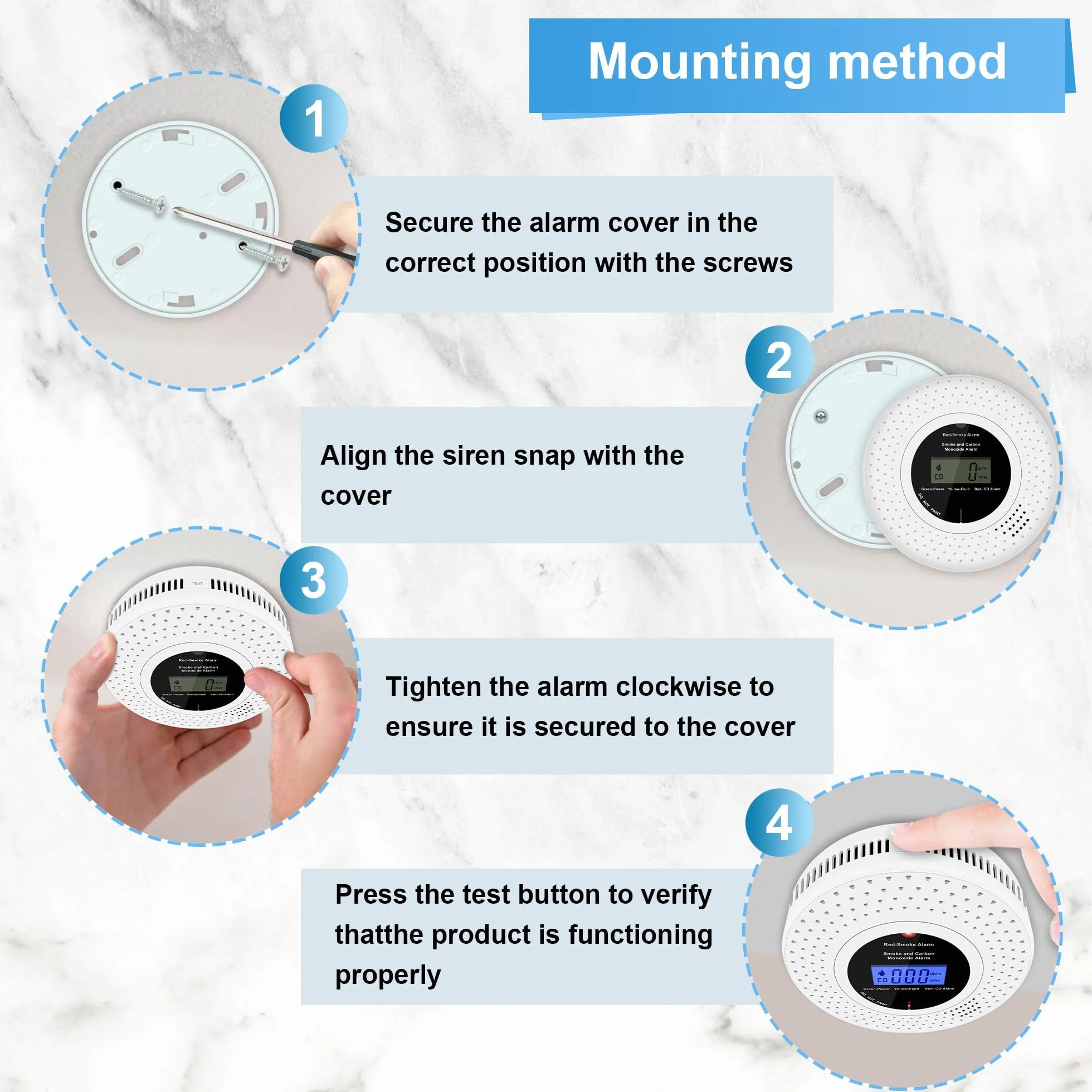 Detector Combinado de Humo y CO, Detector de Humo de Monóxido de Carbono Independiente, Alarma de Humo con Batería AA Reemplazable, Alarma de Humo y CO, Botón de Prueba, 1 Pieza