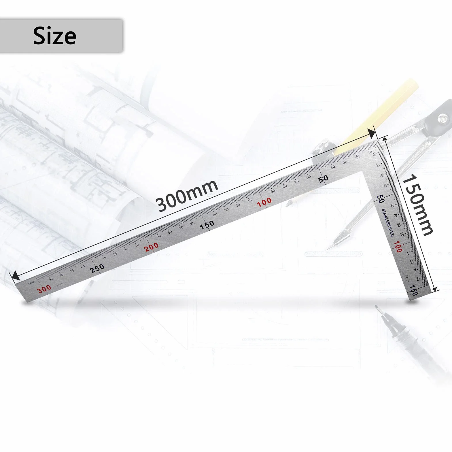 Escuadra de Acero 90 Grados 150×300mm Regla Metálica Cuadrada para Carpintero