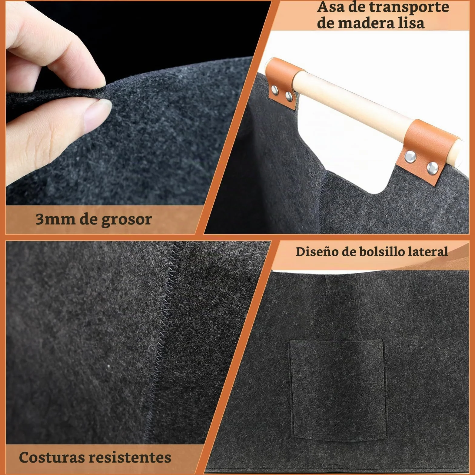 Cesta de madera para leña grande, de fieltro, XXL (96 L, 60 x 40 x 40 cm), plegable, fieltro extragrueso con mango de madera y guantes, para compras y leña, color gris oscuro (96 L)