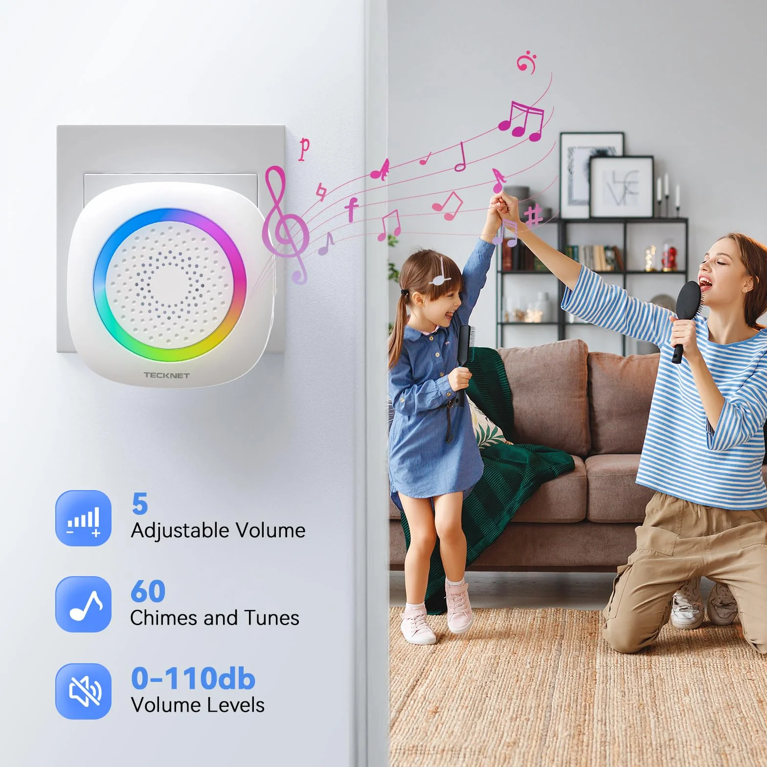 TECKNET Timbre Inalámbrico 2 Receptor, Timbre Inalámbrico Exterior con Enchufe Impermeable IP66, 400M de Alcance Doorbell con 5 Niveles de Volumen Ajustable, 60 Melodías, Indicador RGB