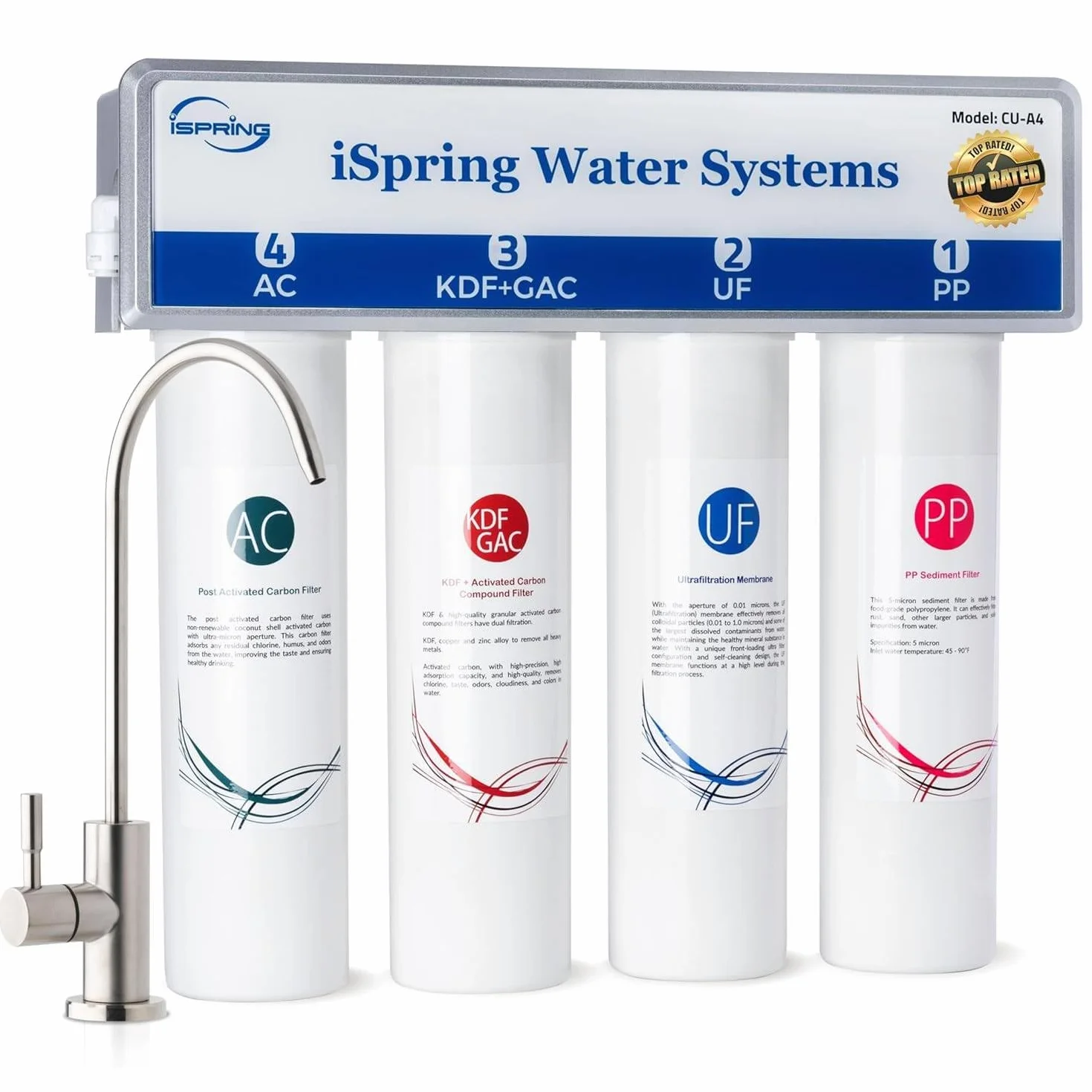 iSpring CU-A4 0.01μm Ultrafiltración Bajo el Fregadero, Sistema de Filtro de Agua, Sin Tanque, 4 Etapas, Alta Capacidad, Elimina el 99,99% de Contaminantes, Cambio Rápido, Filtro con Grifo de Cromo