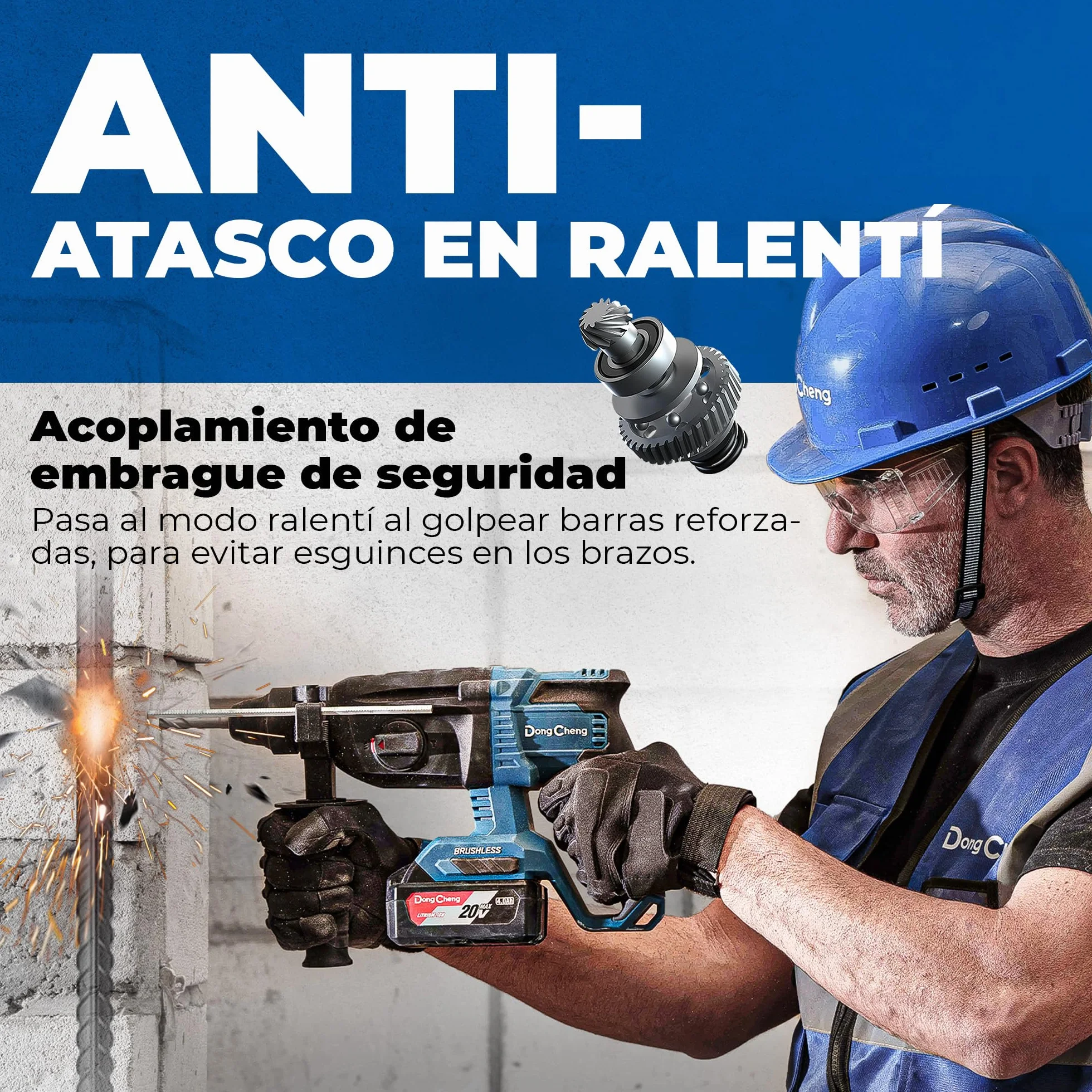 DongCheng Martillo perforador sin cable 18V, martillo percutor a batería 2,8 J, 4 piezas SDS-plus, perforación hasta 28 mm, motor sin escobillas empuñadura antivibración baterías 4Ah y cargador 2A