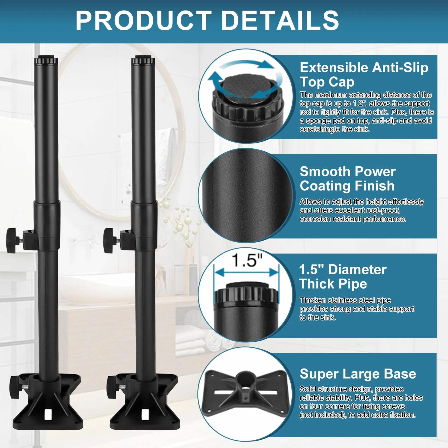 2 soportes para fregadero de montaje inferior, patas de soporte de fregadero ajustables de acero inoxidable de 35 a 60 cm, para cocinas y baños