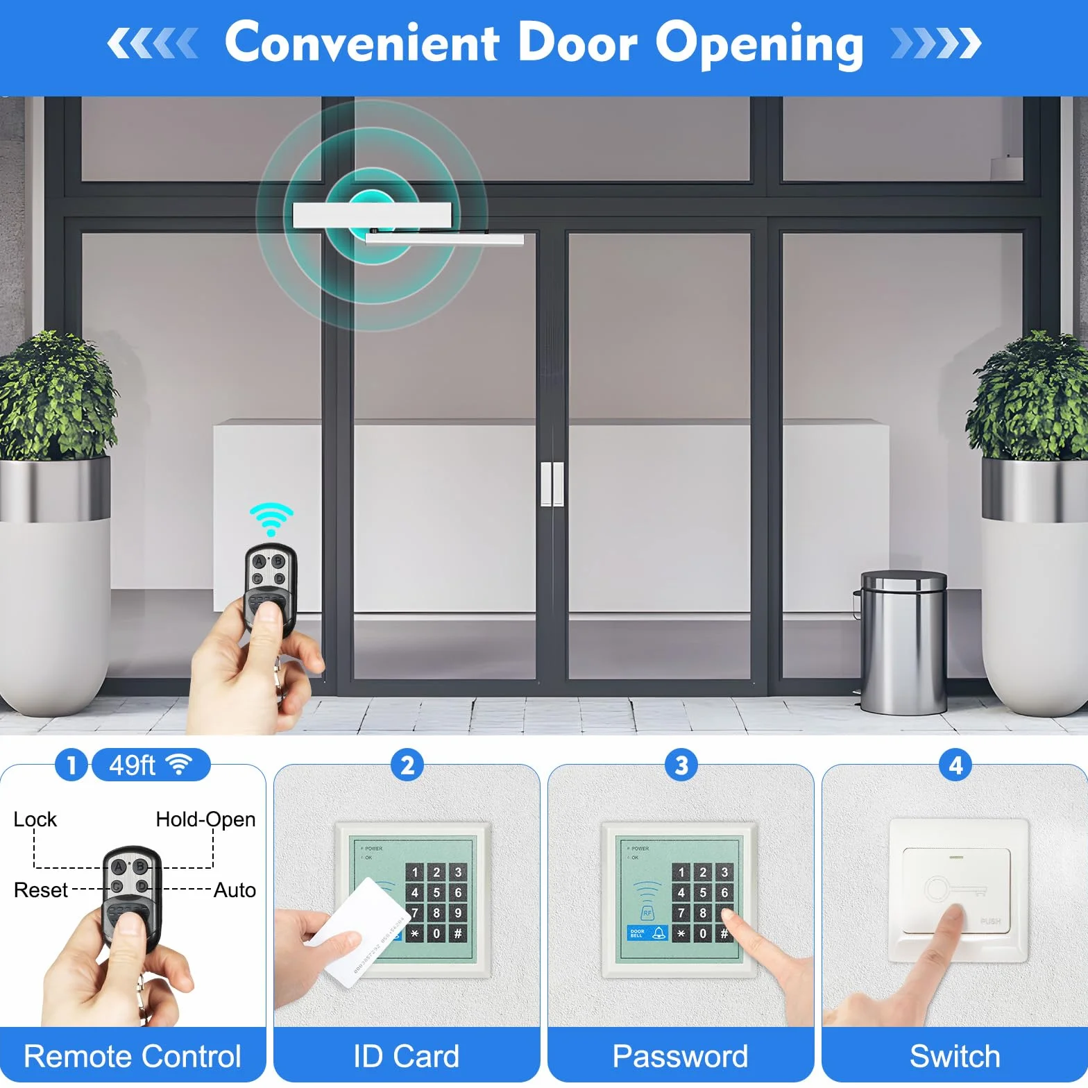 Abridor de Puerta Automático 50W Accionamiento Automático para Puerta 120 Grados Automatic Swing Door Opener 15m Remote Control 30kg Closing Force IP12D con 5 ID Cards y 1 Sensor