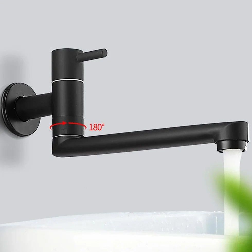 HomeLava Grifo de cocina para montaje en pared, solo agua fría, grifo de pared con caño giratorio 360, largo 18 cm, acero inoxidable negro