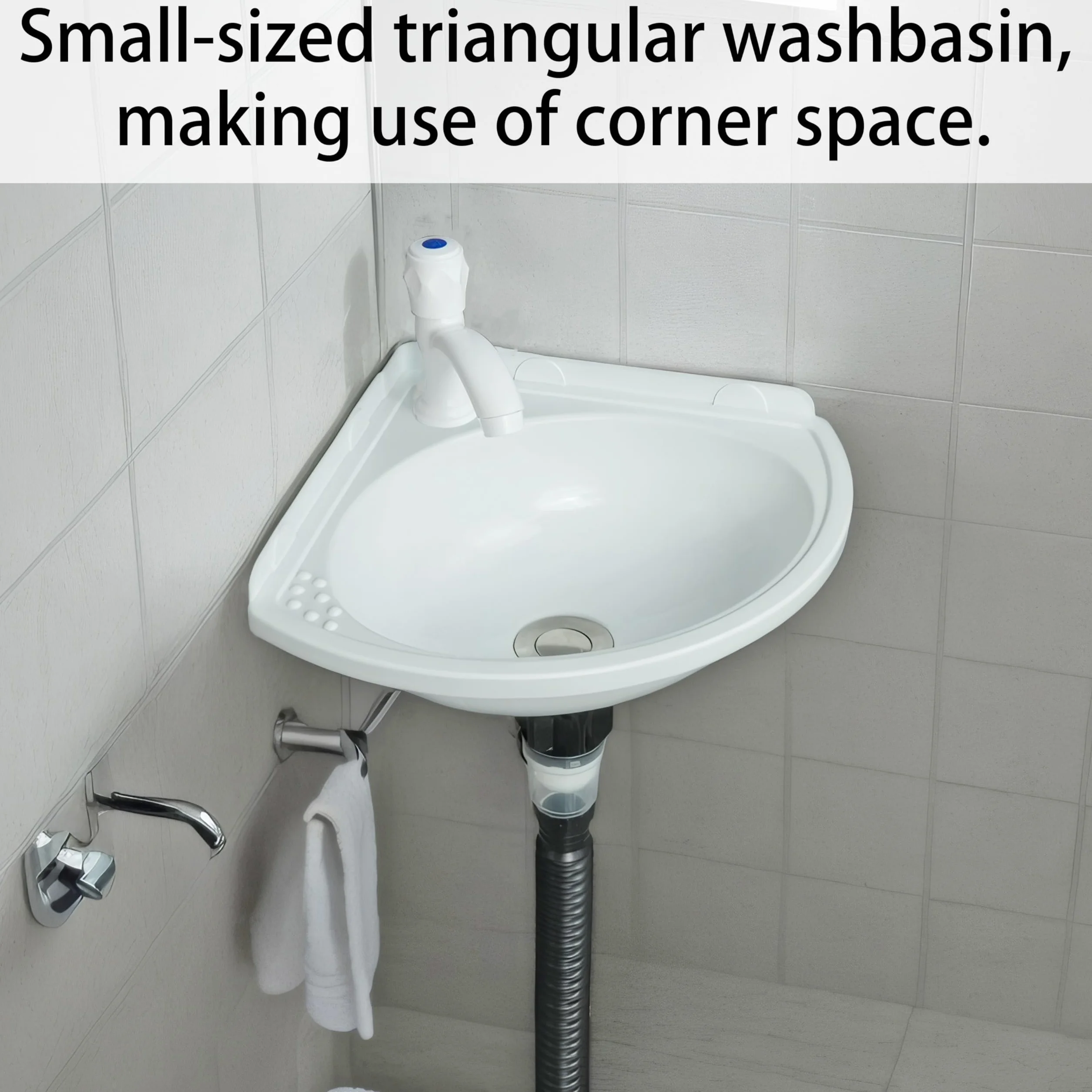 Fregadero de baño pequeño para montaje en pared, lavabo triangular sin taladro, autoadhesivo, 12 x 12 pulgadas con agujero para grifo de 1.26 pulgadas, mini fregadero de plástico para el hogar