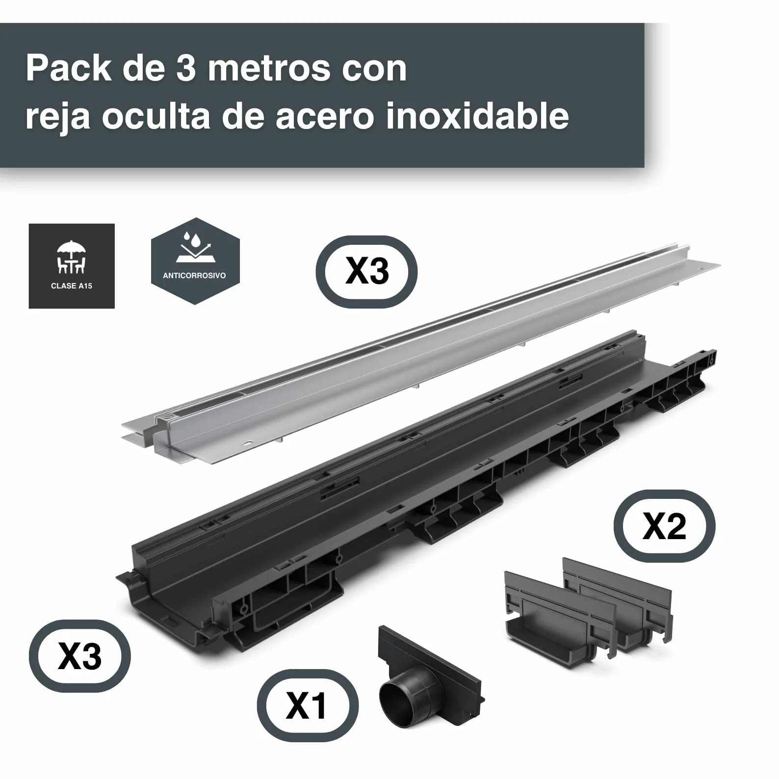 VODALAND - Canal de Drenaje con Rejilla Oculta Ranurada de Acero Inoxidable - Kit de 3 Metros para Jardín, Aguas Pluviales y Desagüe | Solución Elegante y Funcional para Exteriores